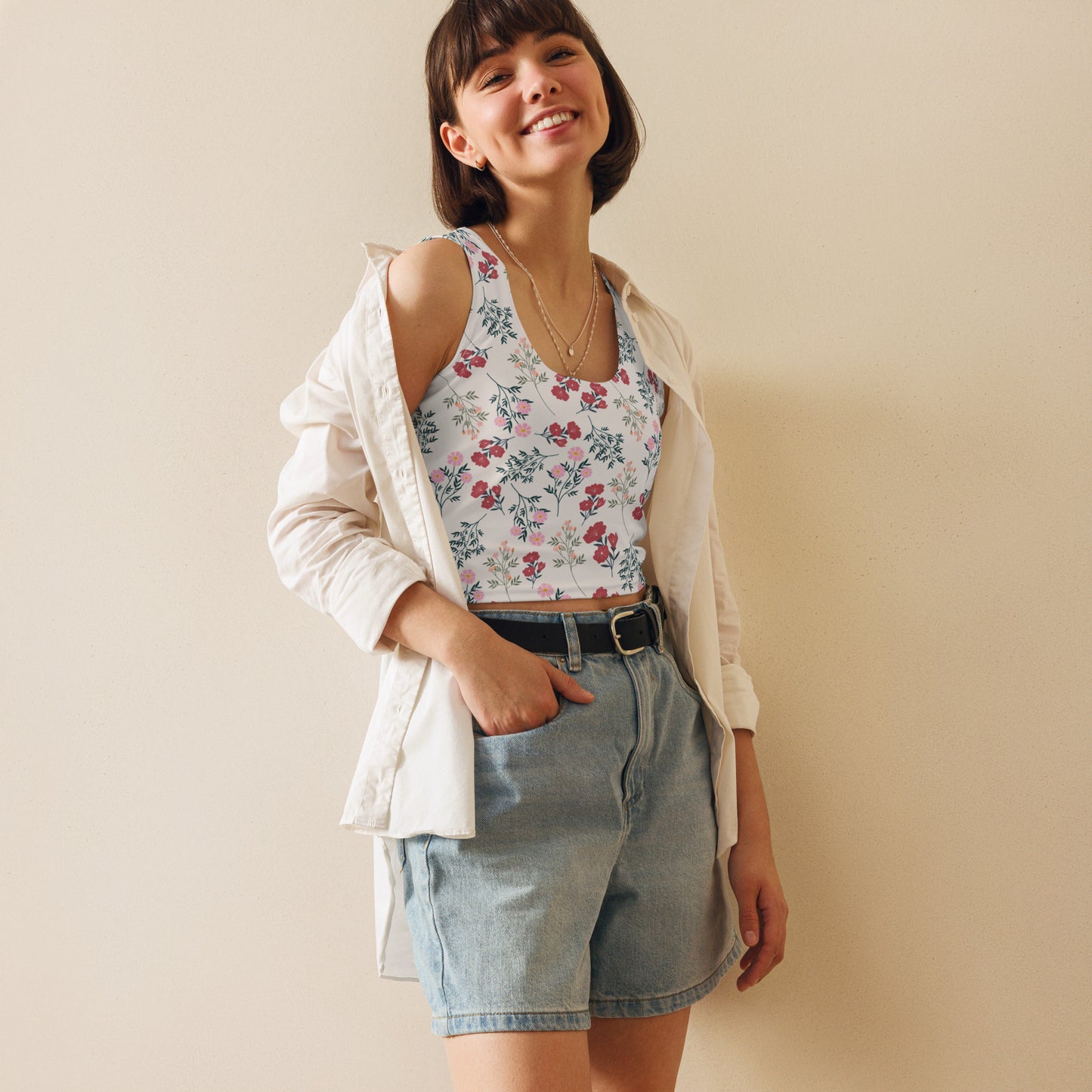 Women's White Floral Buttery Soft Crop Top