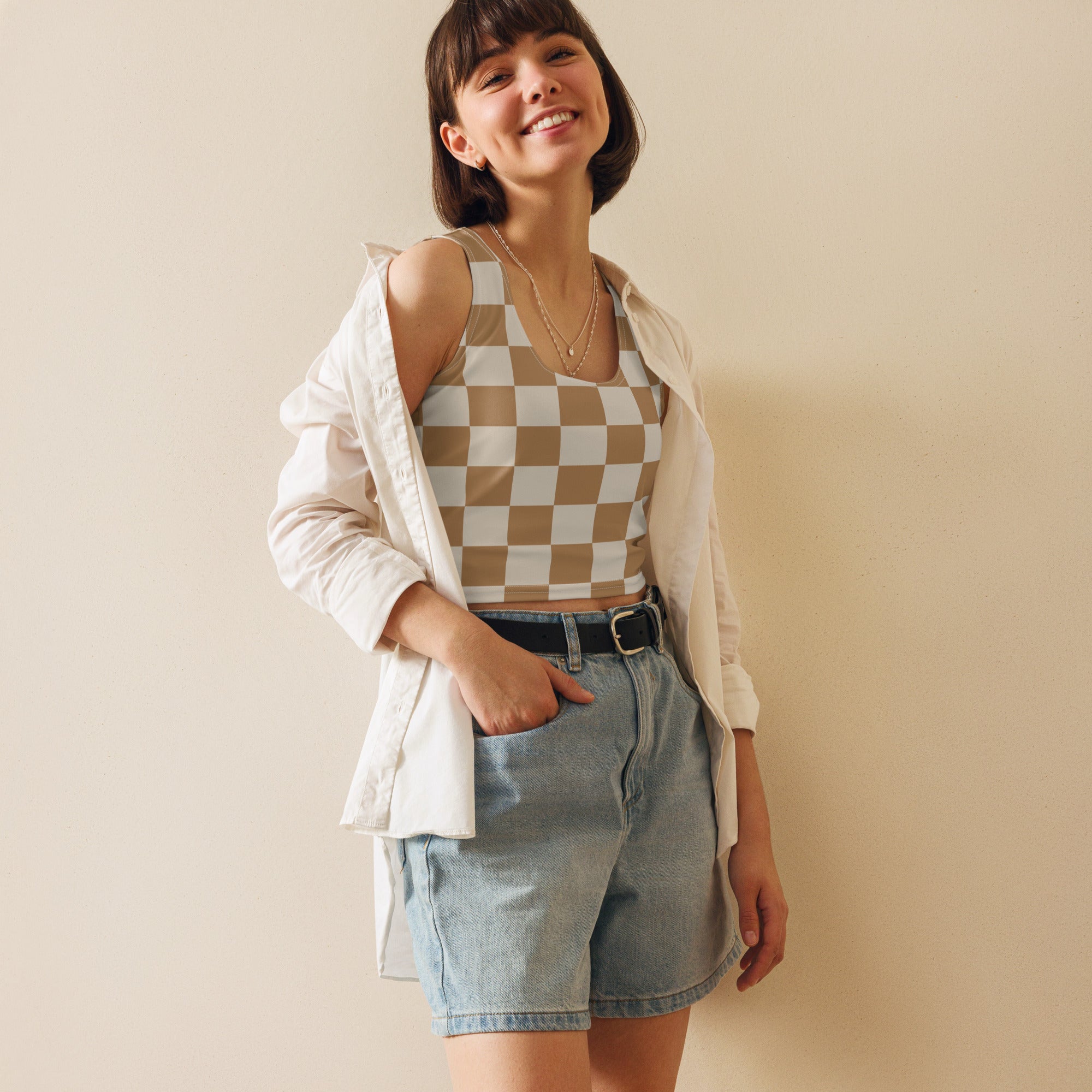 Women's Beige Checkerboard Buttery Soft Crop Top
