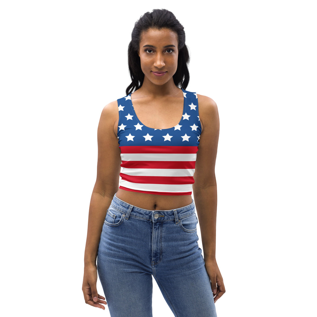 Women’s buttery soft crop top with vibrant American flag design featuring red white stripes and blue stars