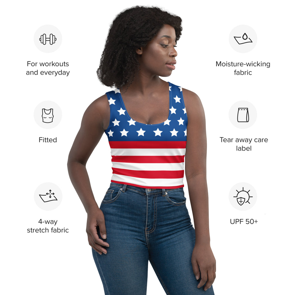 Women’s american flag buttery soft crop top fitted with moisture-wicking 4-way stretch fabric