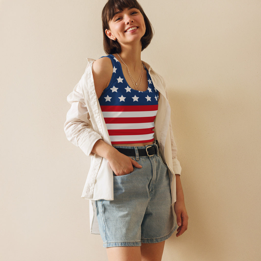 Women’s american flag buttery soft crop top featuring red white and blue stripes and stars in patriotic design