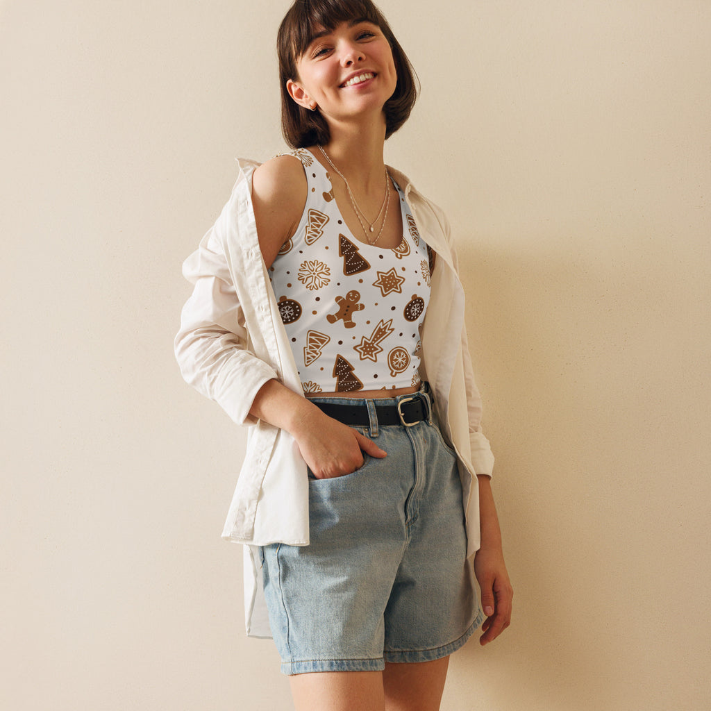 White tank top with brown holiday gingerbread men, christmas trees, and stars print buttery soft crop top for women