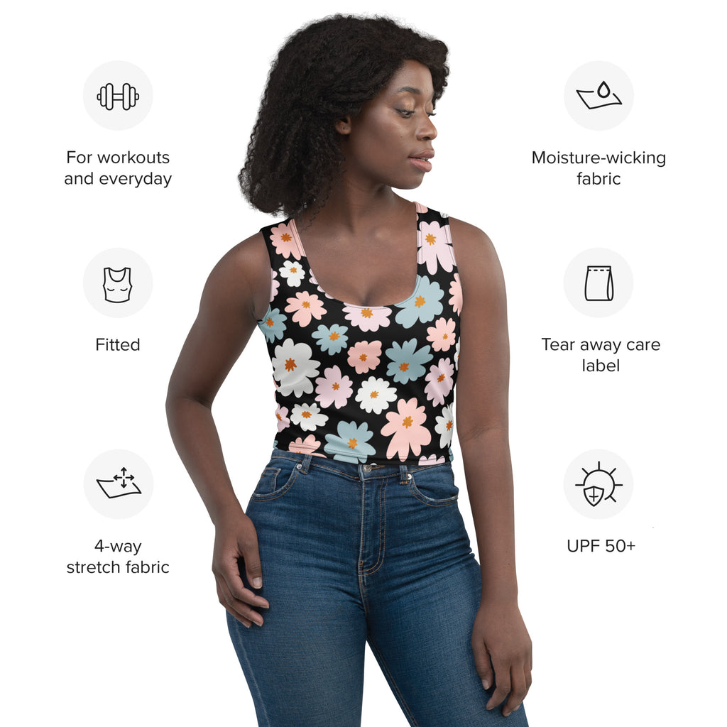 Women’s retro pastel flower buttery soft crop top in black with colorful pink white and light blue floral pattern