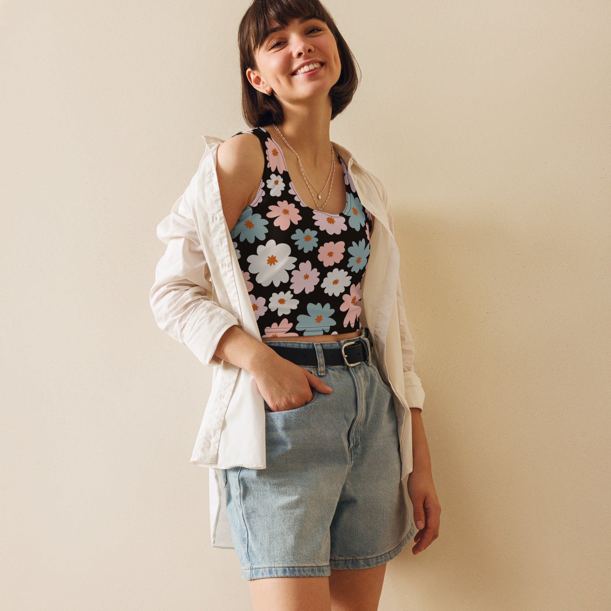 Women's Retro Pastel Flower Buttery Soft Crop Top
