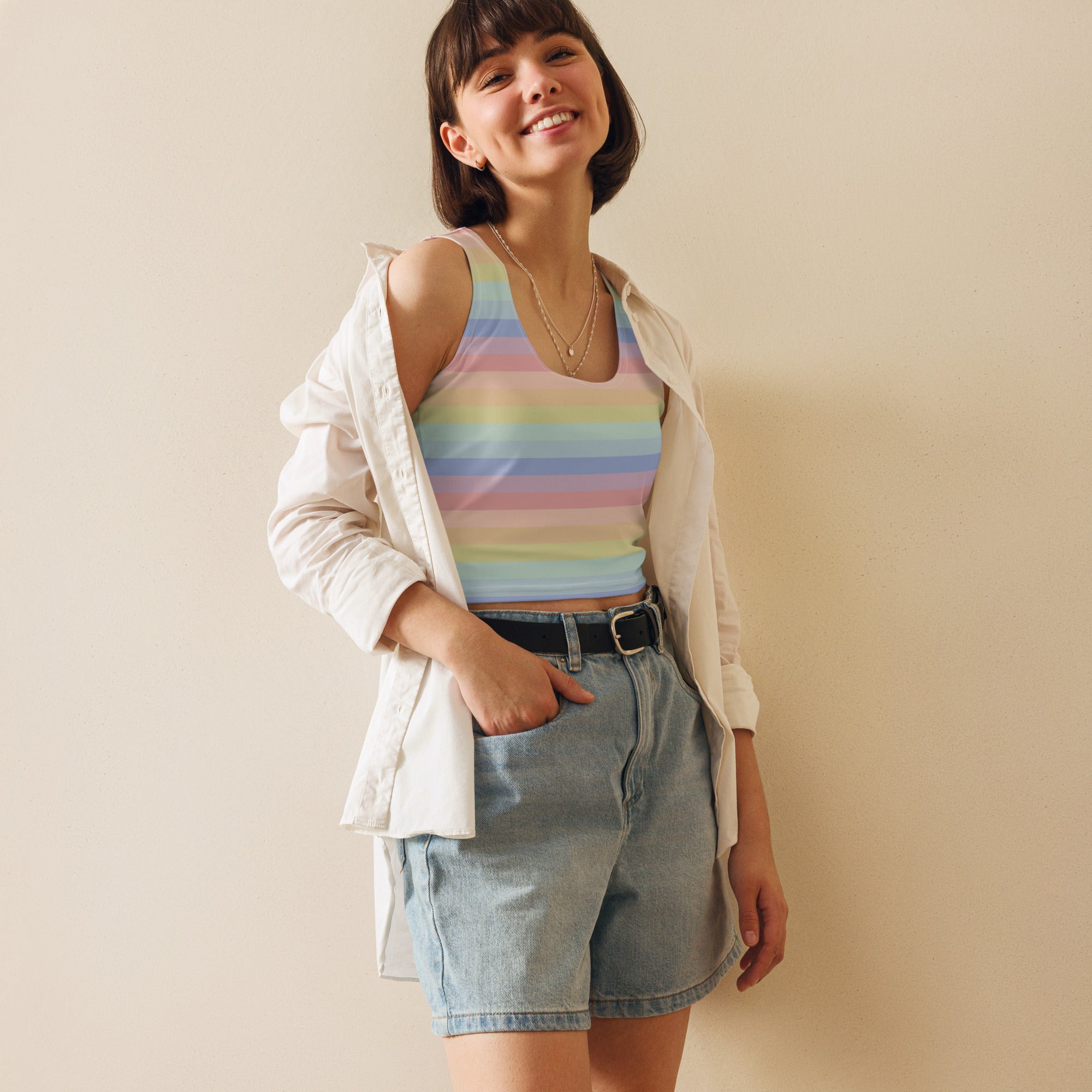 Women's Striped Pastel Rainbow Buttery Soft Crop Top