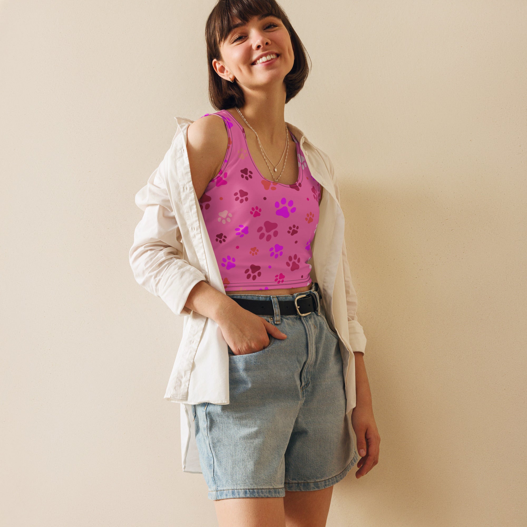 Women's Pink Paw Print Buttery Soft Crop Top