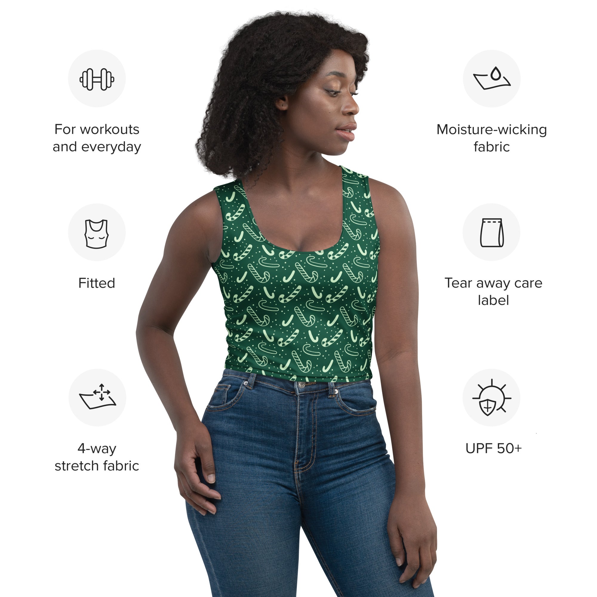 Women’s green candy cane fitted tank top made of moisture-wicking 4-way stretch buttery soft fabric