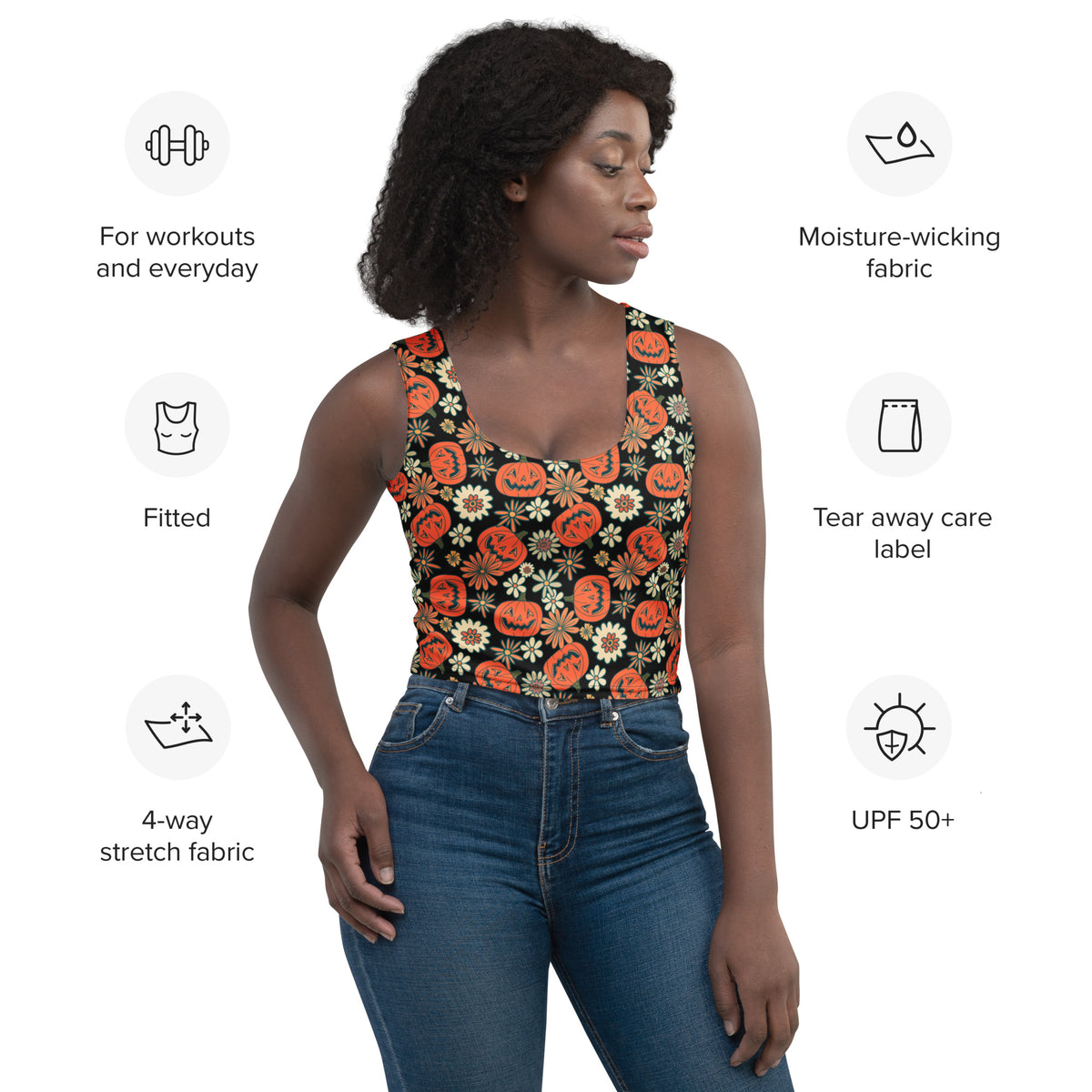 Women’s creepy pumpkins vintage floral halloween orange and black pumpkin print fitted tank top with moisture-wicking 4-way stretch fabric