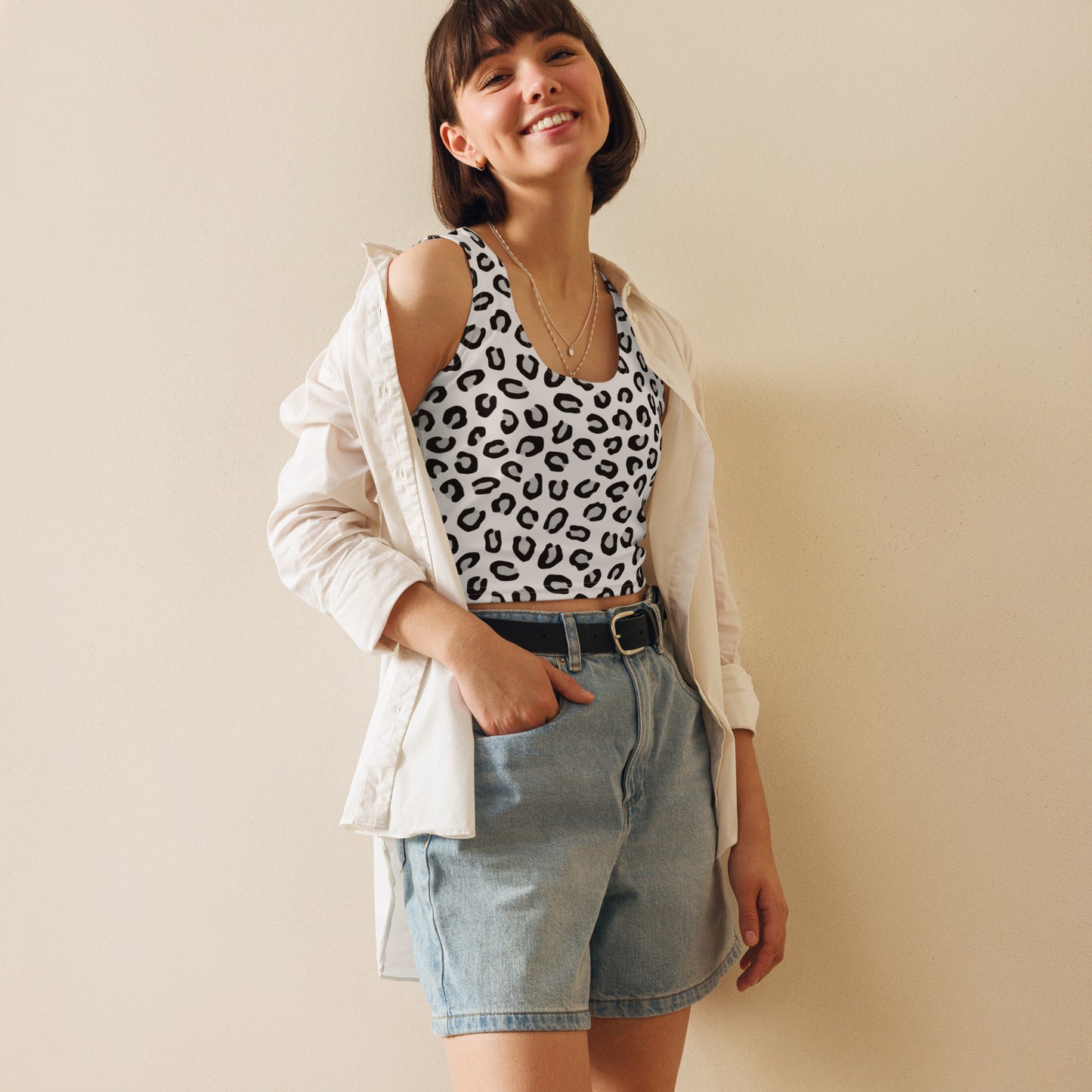Women's White Leopard Print Buttery Soft Crop Top