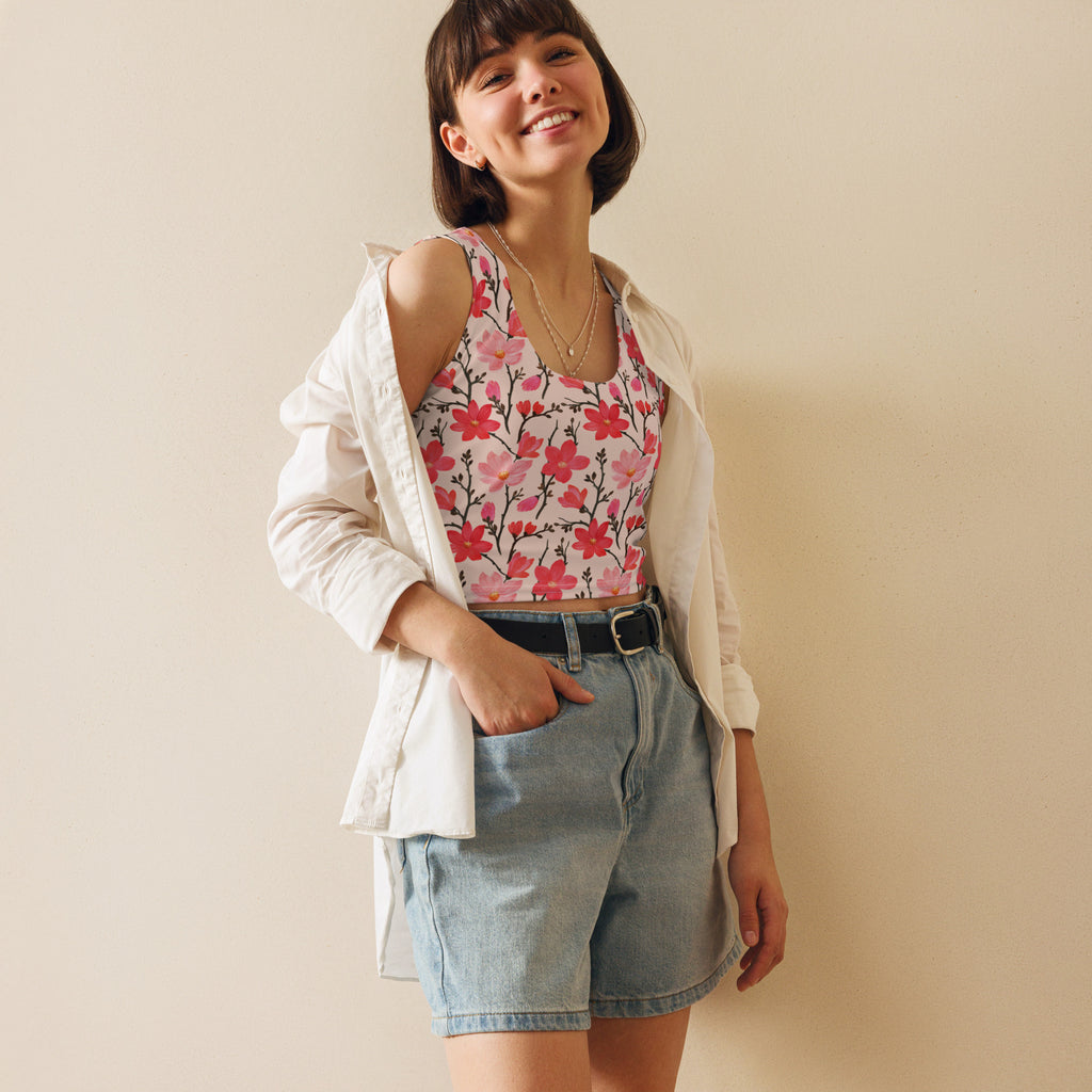 Women's Pink Watercolor Floral Buttery Soft Crop Top