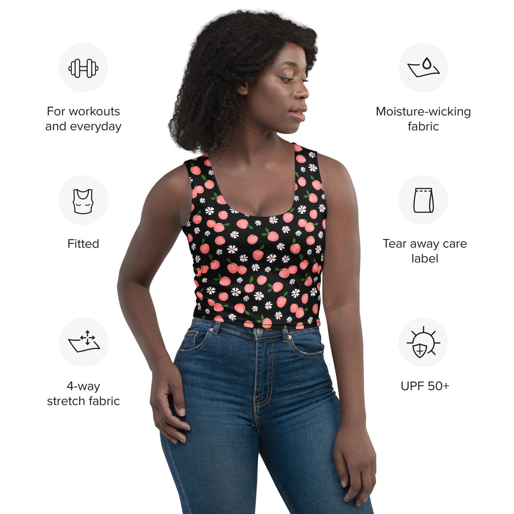 Black women’s peach blossom buttery soft crop top with pink peaches white daisies on moisture-wicking stretch fabric