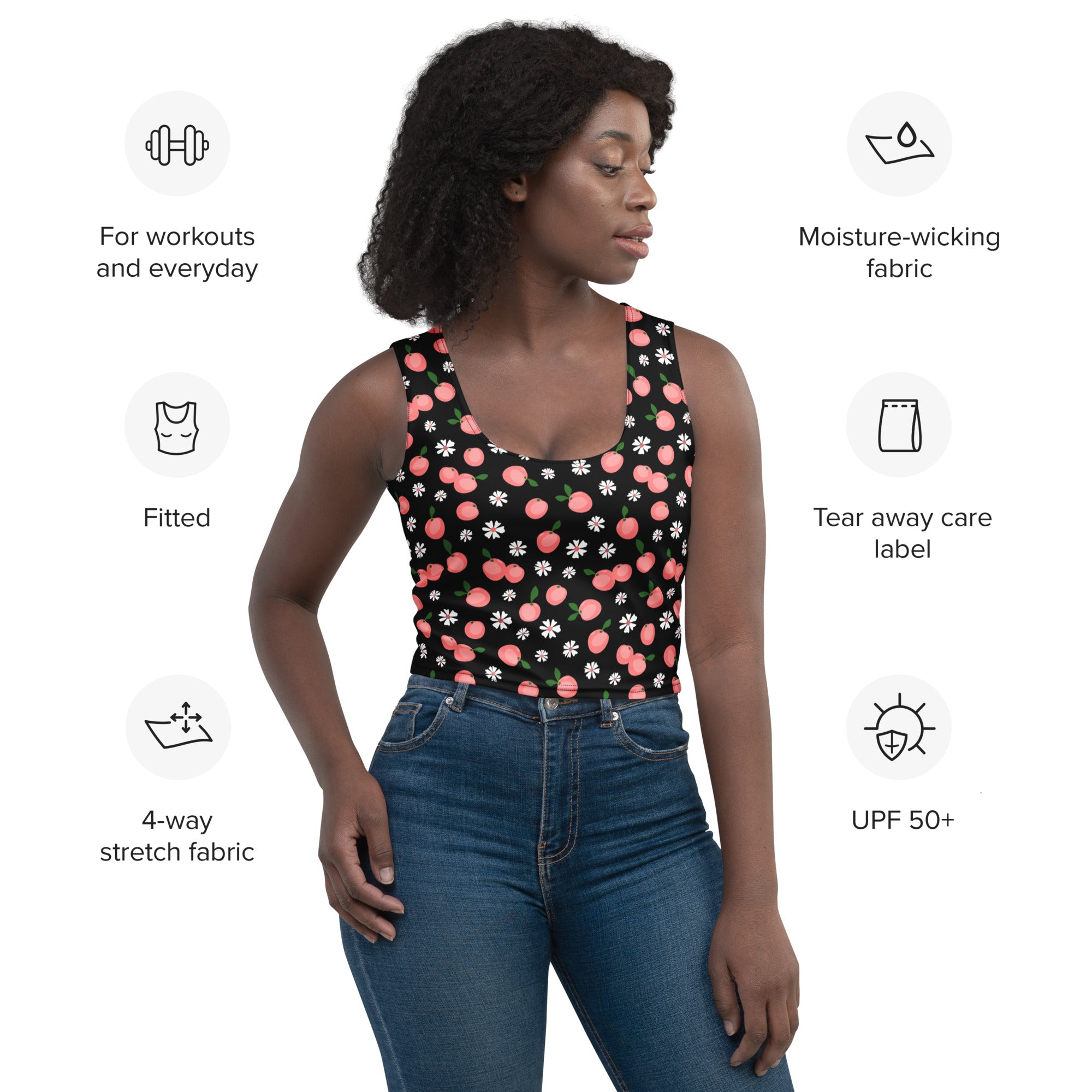 Black women’s peach blossom buttery soft crop top with pink peaches white daisies on moisture-wicking stretch fabric
