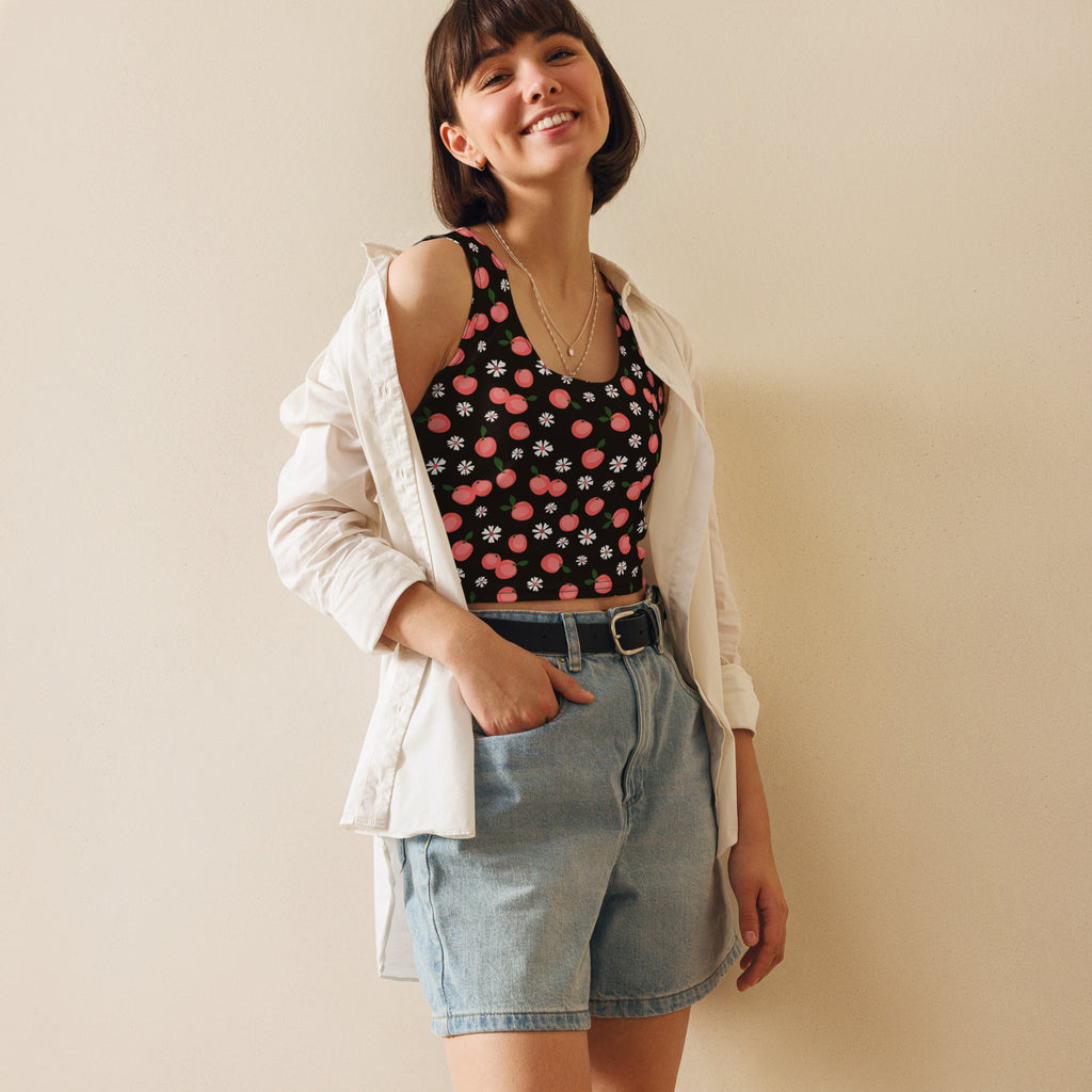 Women’s peach blossom buttery soft crop top in black with pink cherry and white daisy print