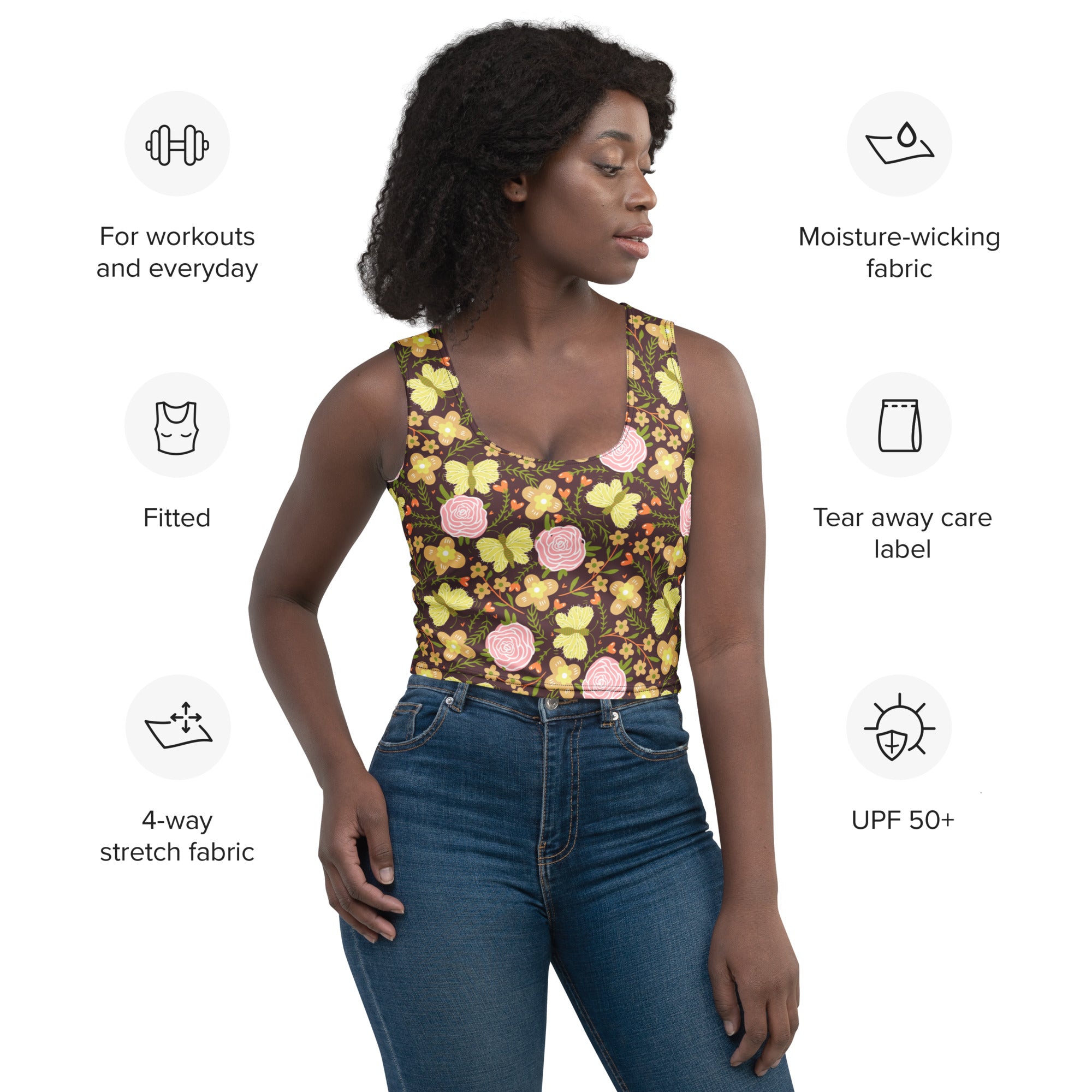 Women’s retro floral buttery soft crop top fitted sleeveless with pink roses and yellow butterflies on dark brown background