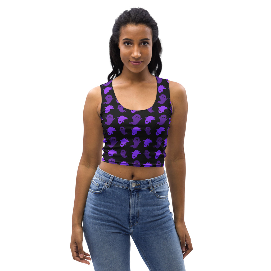 Women’s buttery soft purple crop top with black ghost pattern for Halloween featuring a comfortable fit