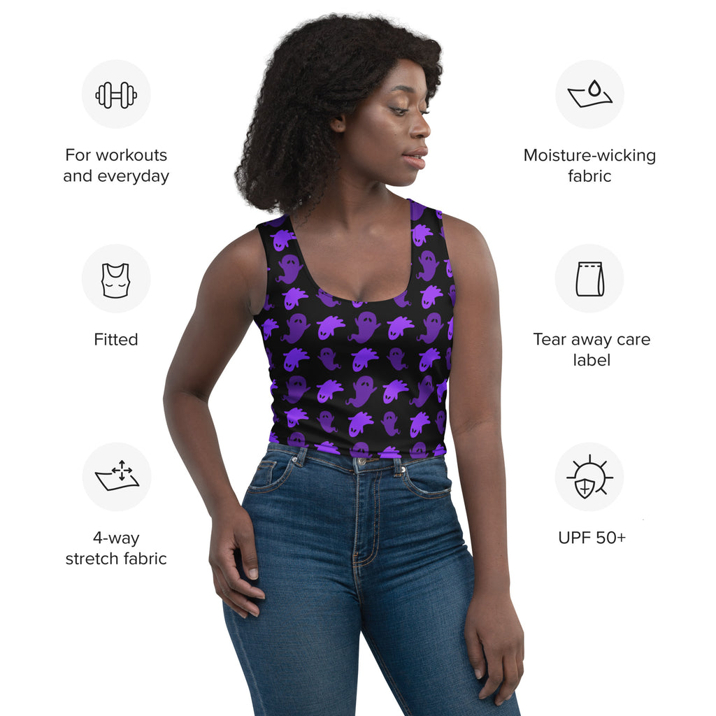 Women purple ghost halloween buttery soft crop top in black and purple with moisture-wicking 4-way stretch fabric