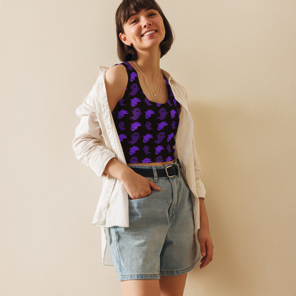 Women’s purple ghost halloween buttery soft black crop top with purple axolotl pattern worn with denim shorts and white shirt