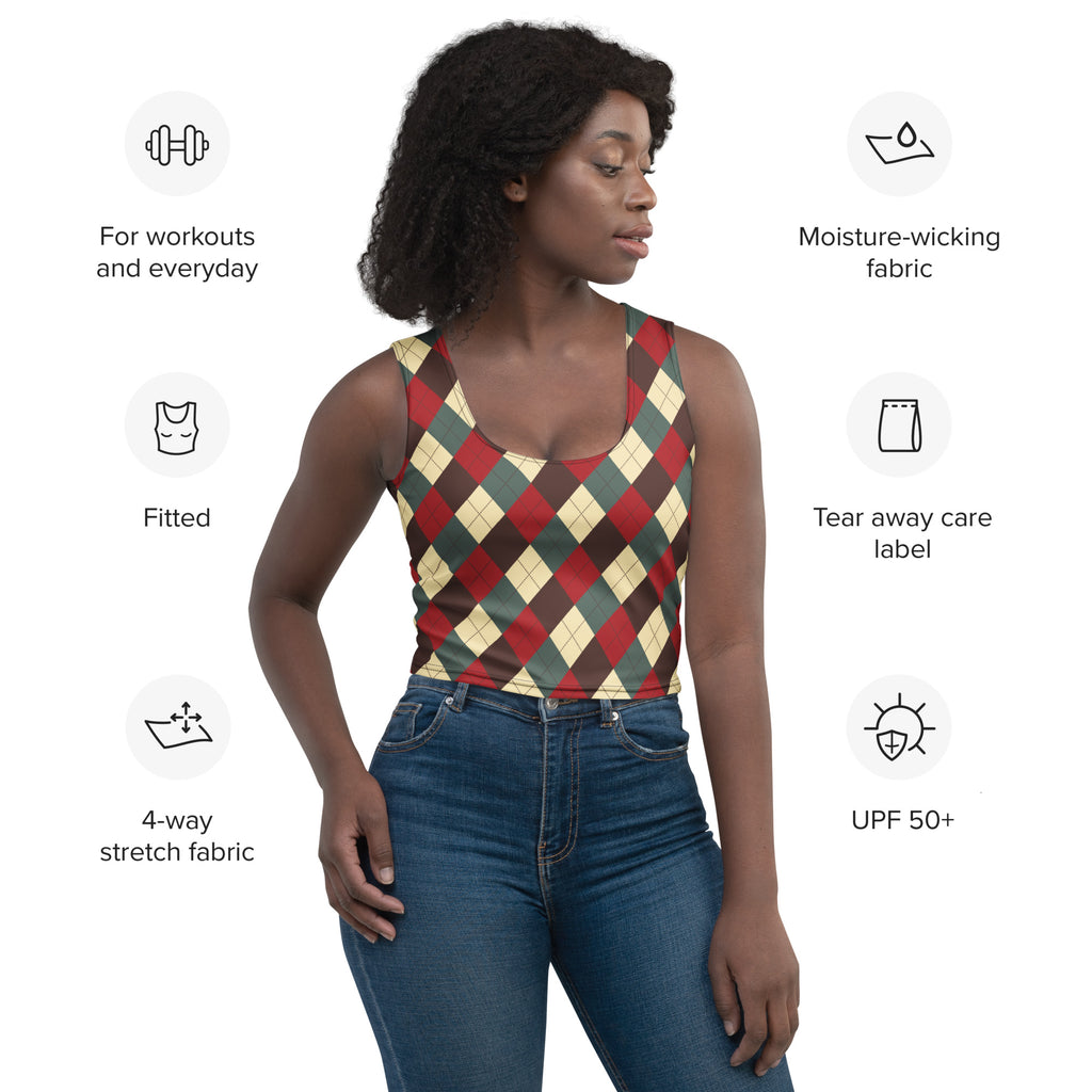 Women’s fitted sleeveless tank top with red green beige argyle pattern made from moisture-wicking 4-way stretch fabric