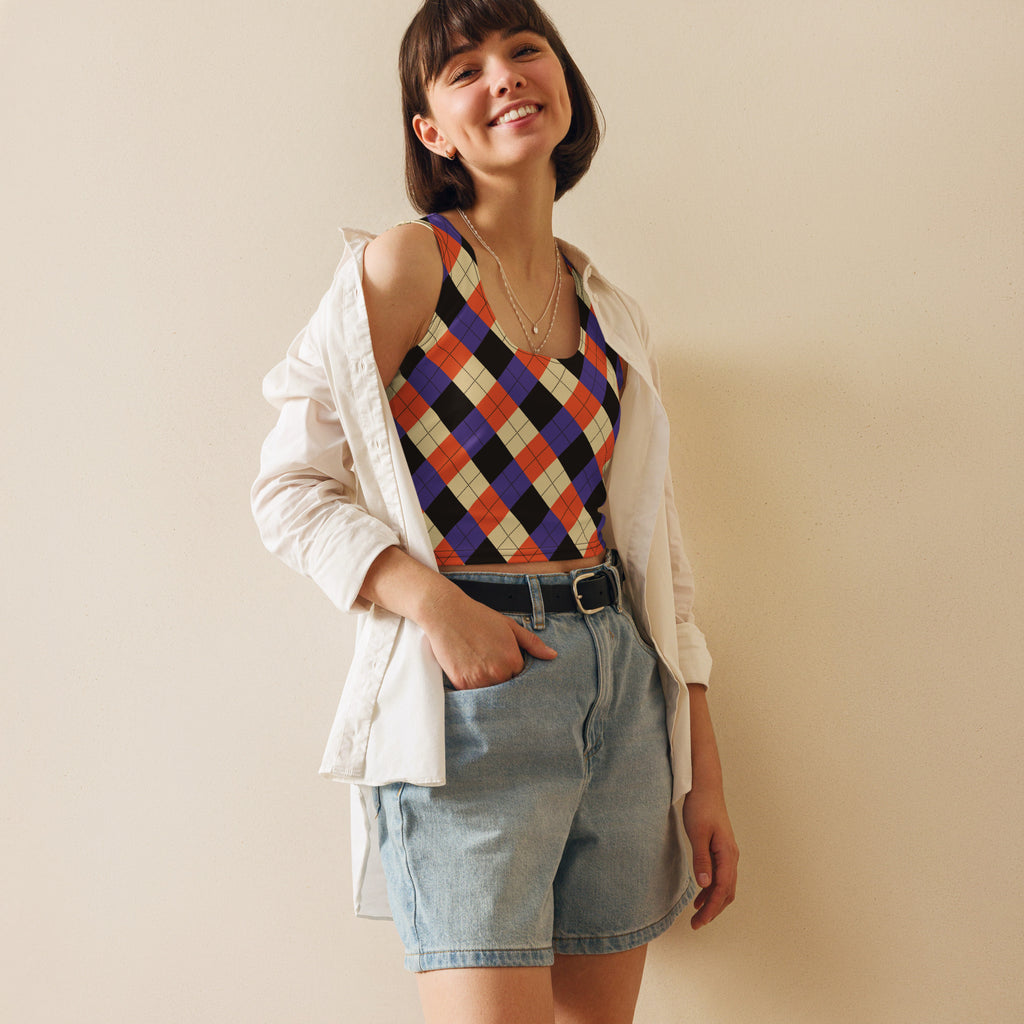 Women’s orange and purple plaid argyle buttery soft crop top with vibrant diamonds paired with light-wash denim shorts