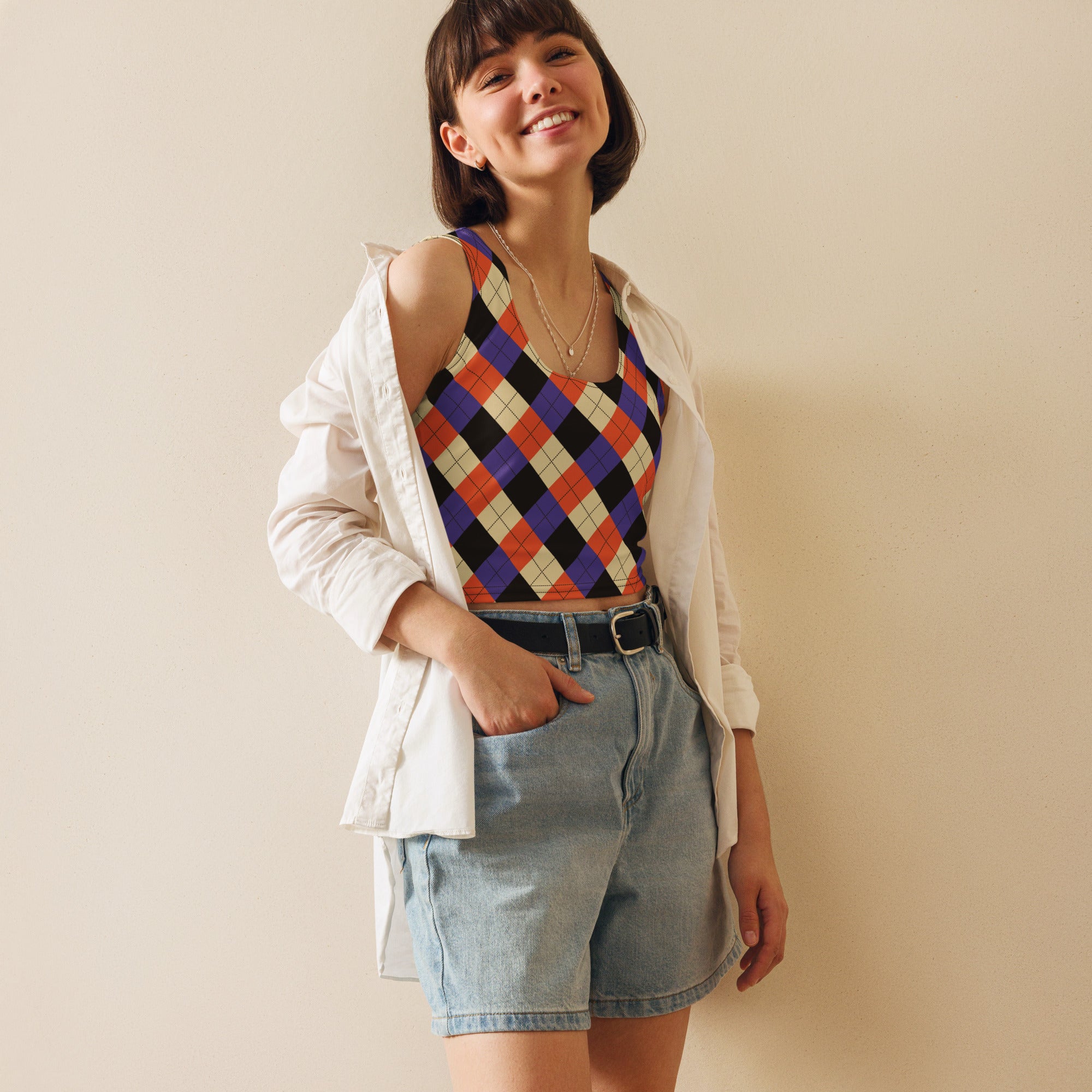 Women's Orange and Purple Plaid Argyle Halloween Buttery Soft Crop Top