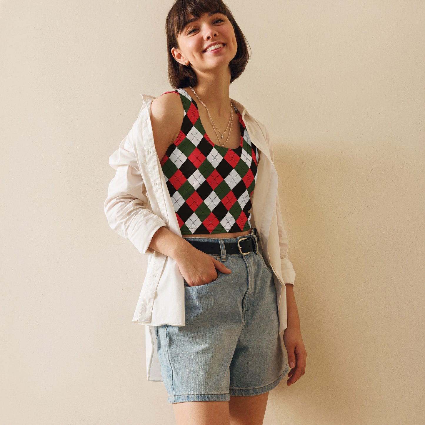 Women's Red and Green Argyle Plaid Christmas Holiday Buttery Soft Crop Top