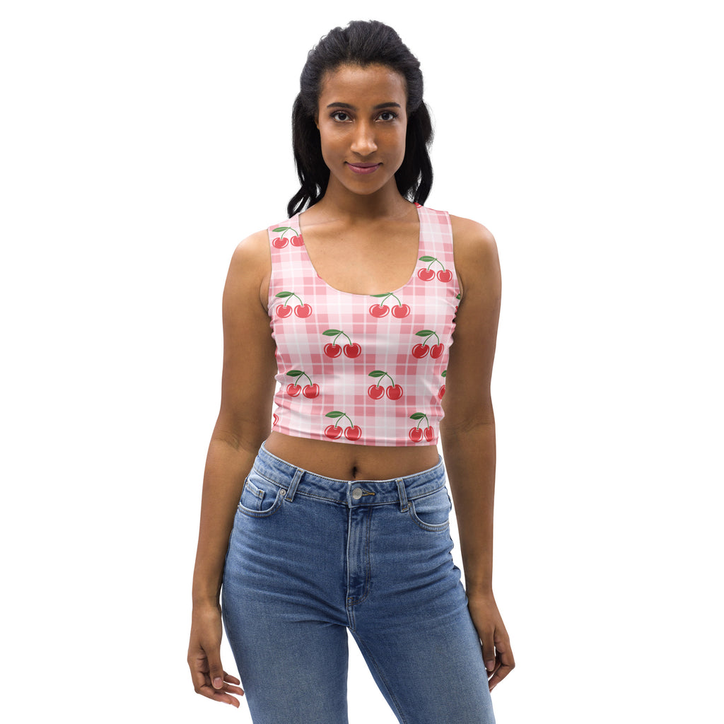Women’s pink gingham cherry buttery soft crop top with red cherry graphics and white checkered pattern