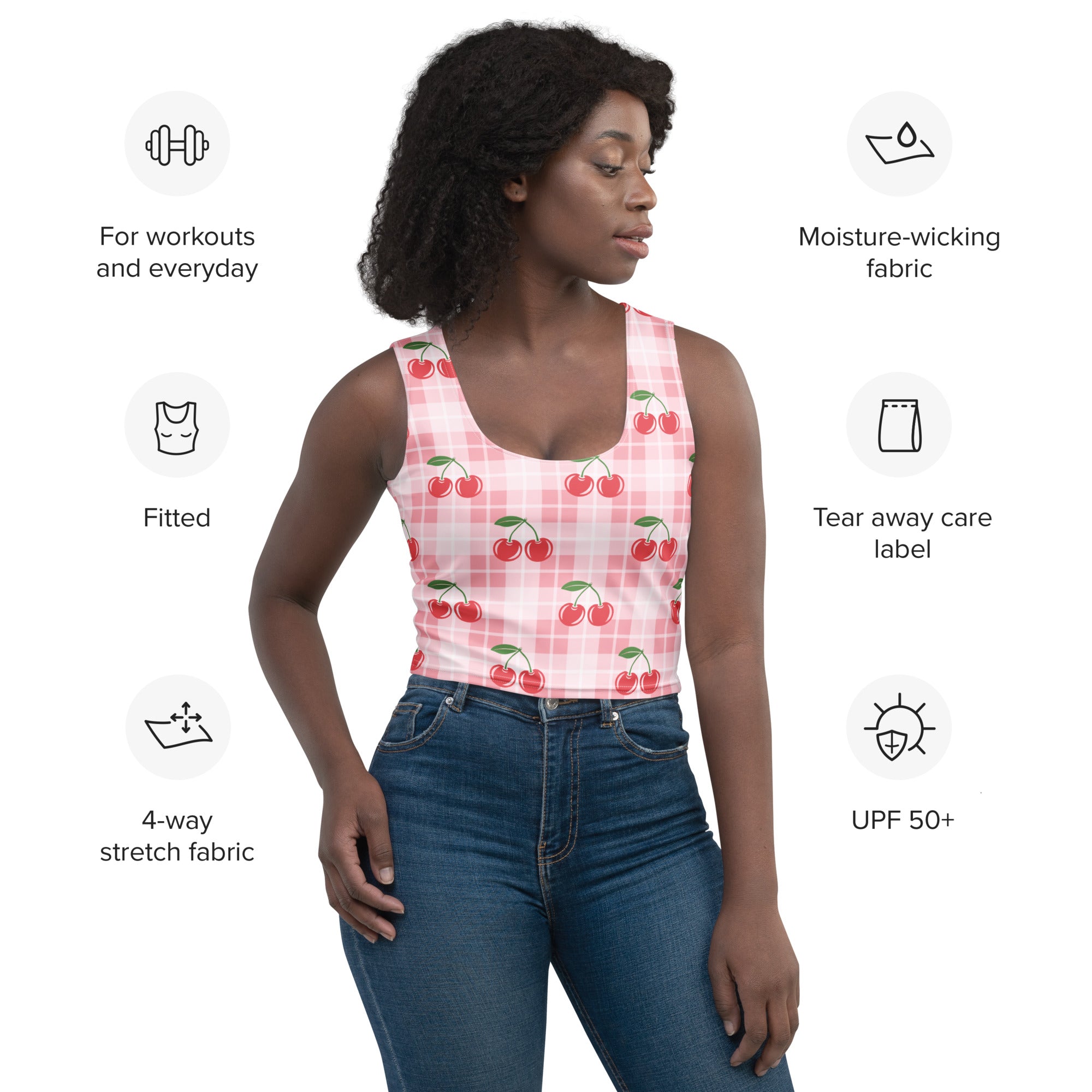 Pink cherry-print plaid crop top made of moisture-wicking 4-way stretch fabric for women