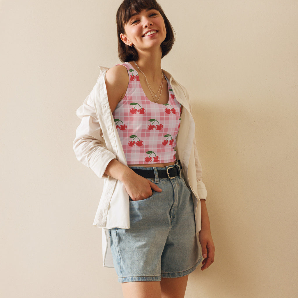 Women’s pink gingham cherry buttery soft crop top with white checkered pattern and shoulder cutouts