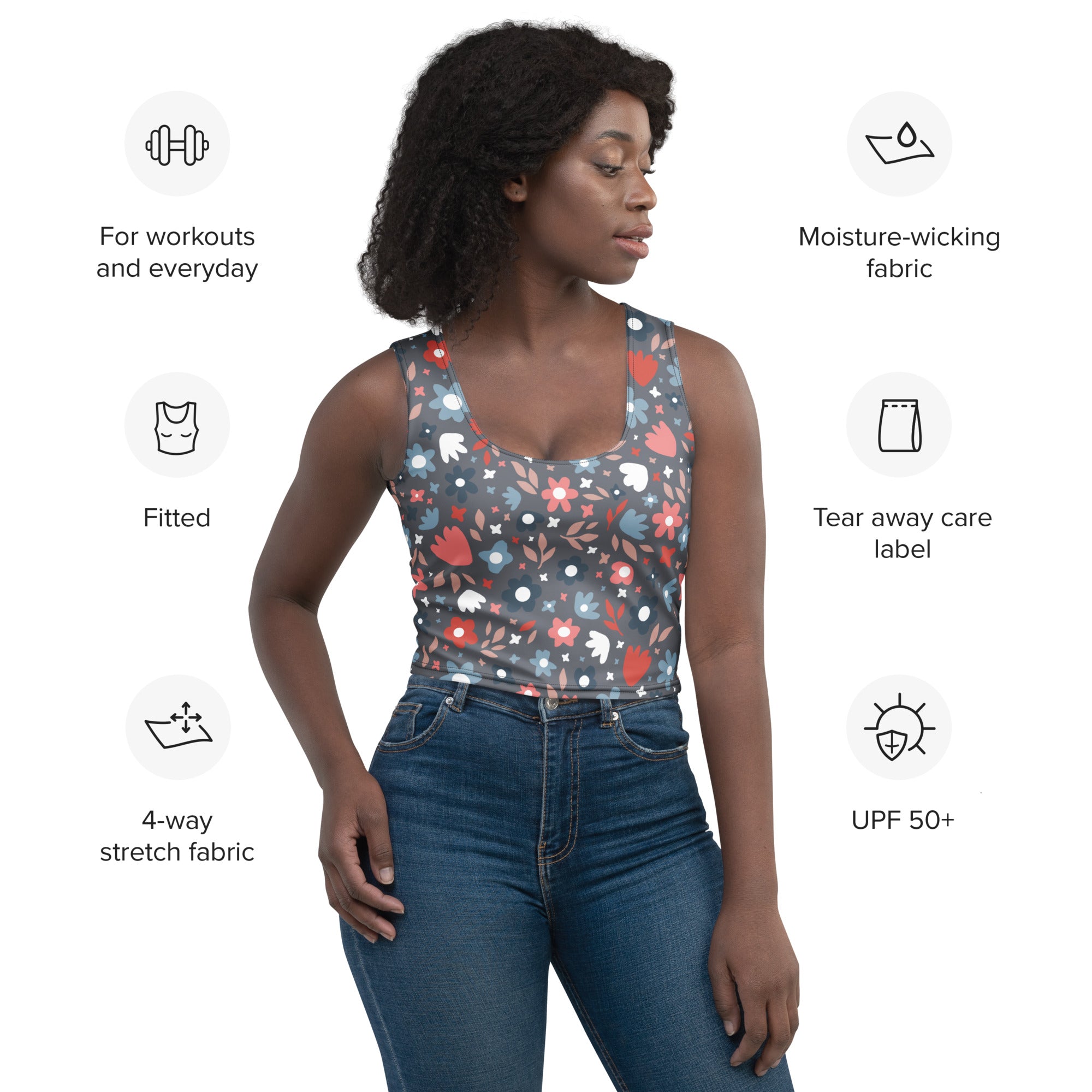 Women’s dark floral buttery soft crop top fitted tank with colorful red pink white and blue floral heart pattern