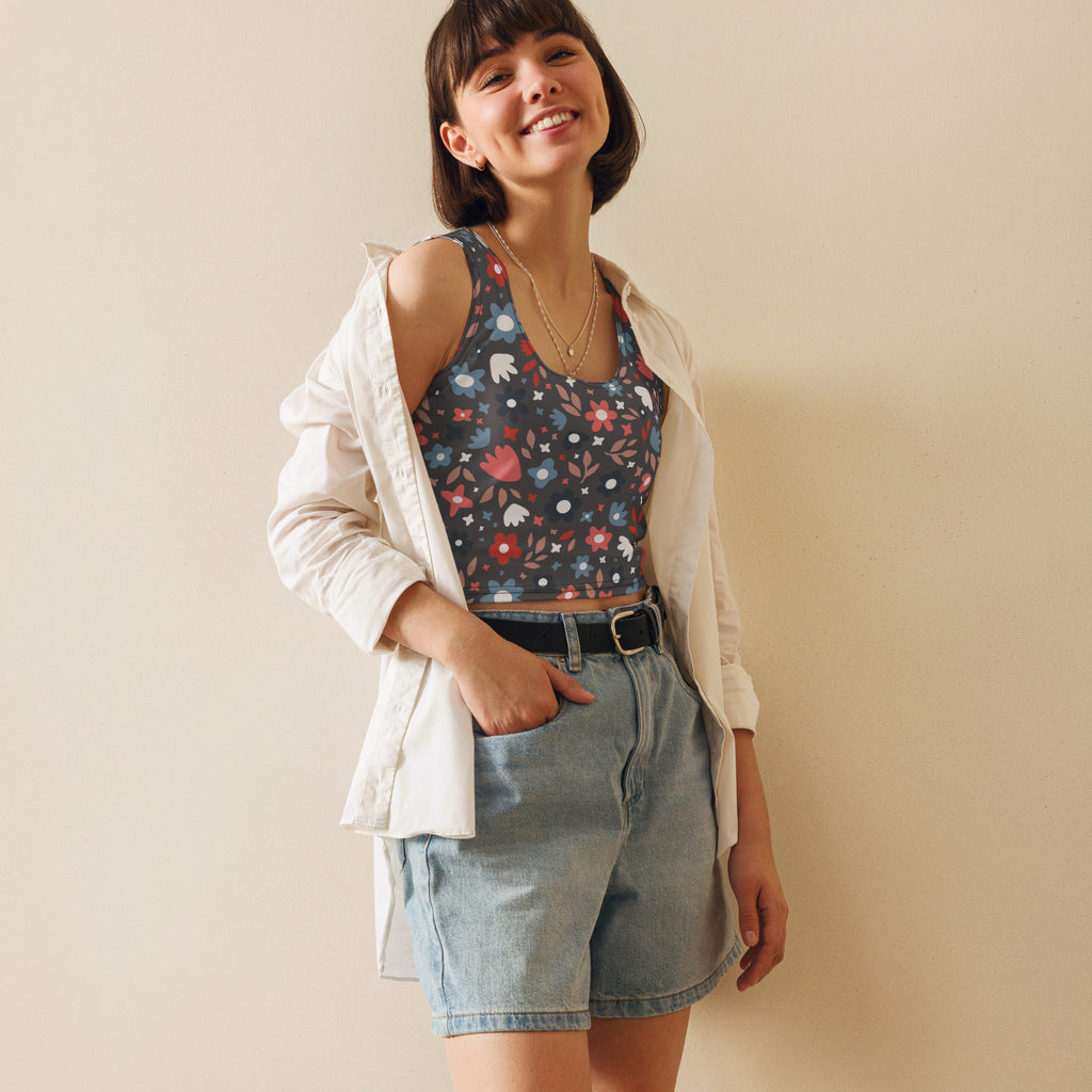 Women’s dark gray floral crop top with red and white accents made from buttery soft fabric for comfortable wear