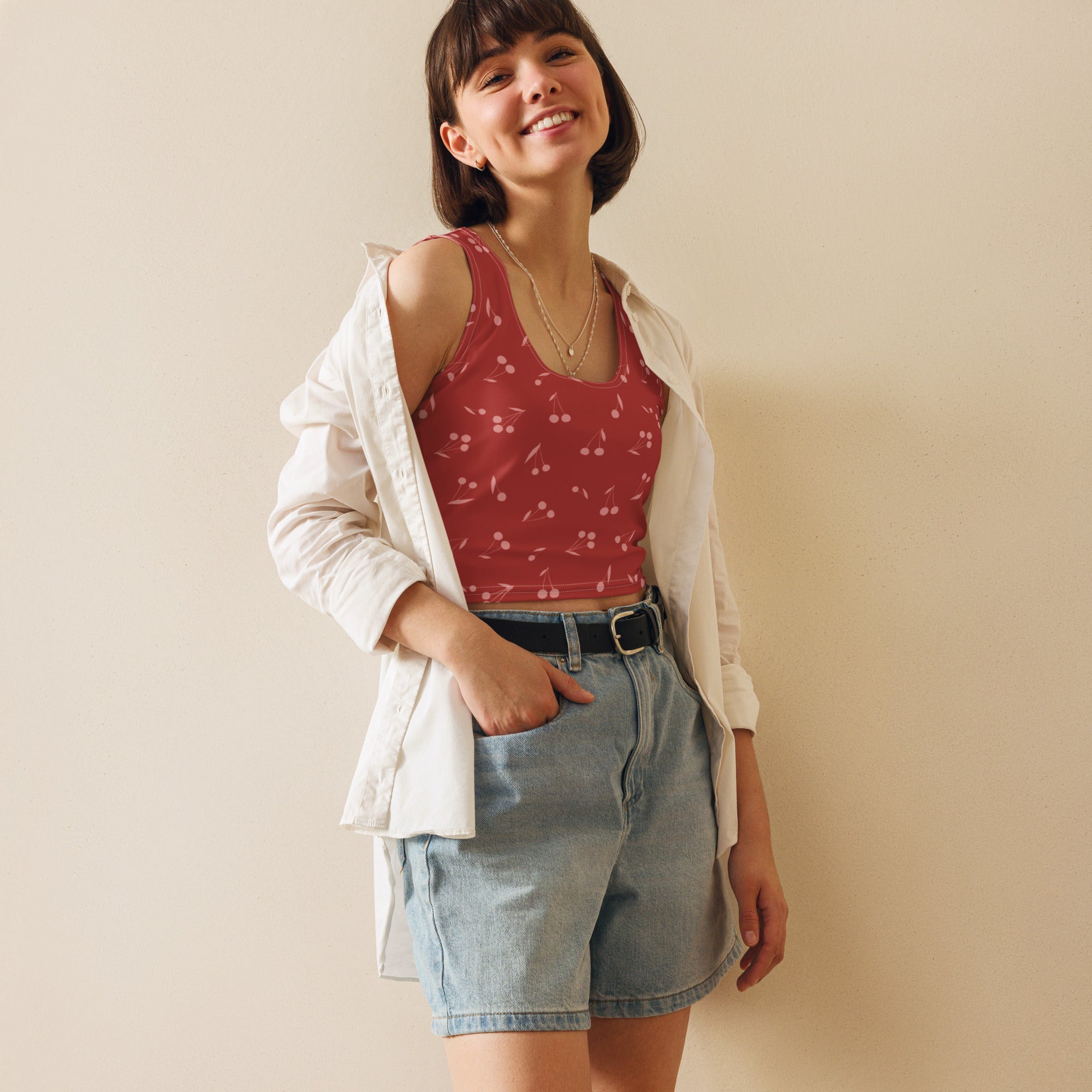 Women's Minimal Cherry Print Buttery Soft Crop Top
