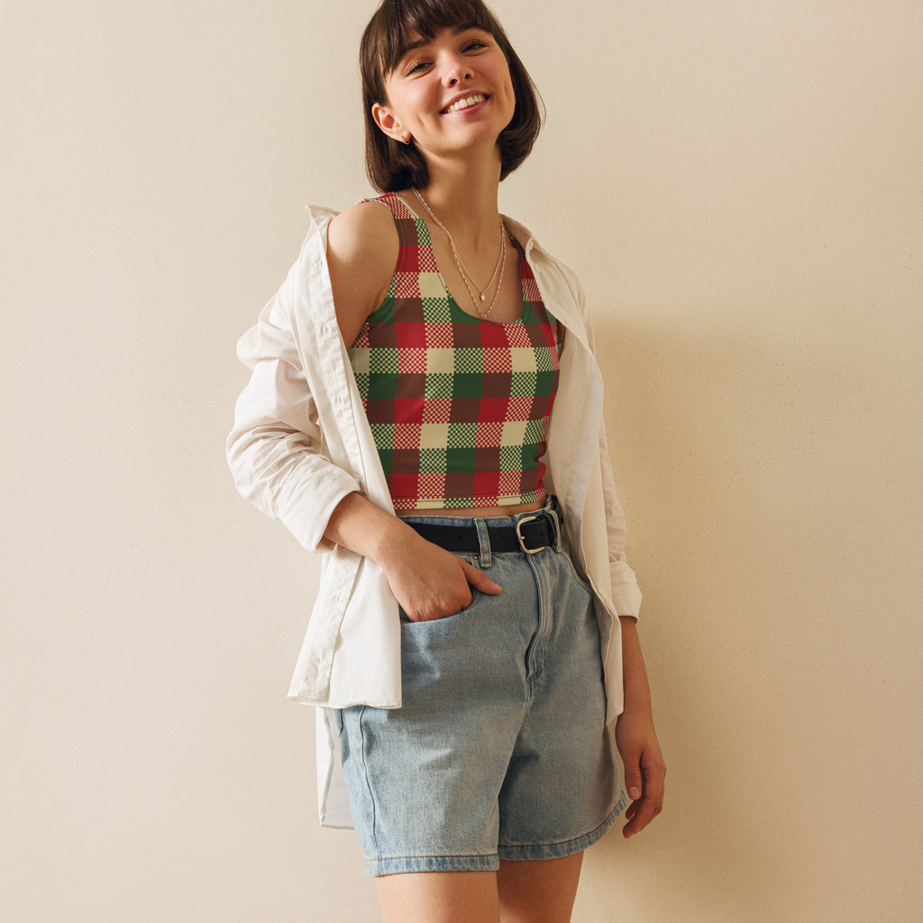 Women’s red and green christmas plaid buttery soft crop top worn with white shirt and denim shorts