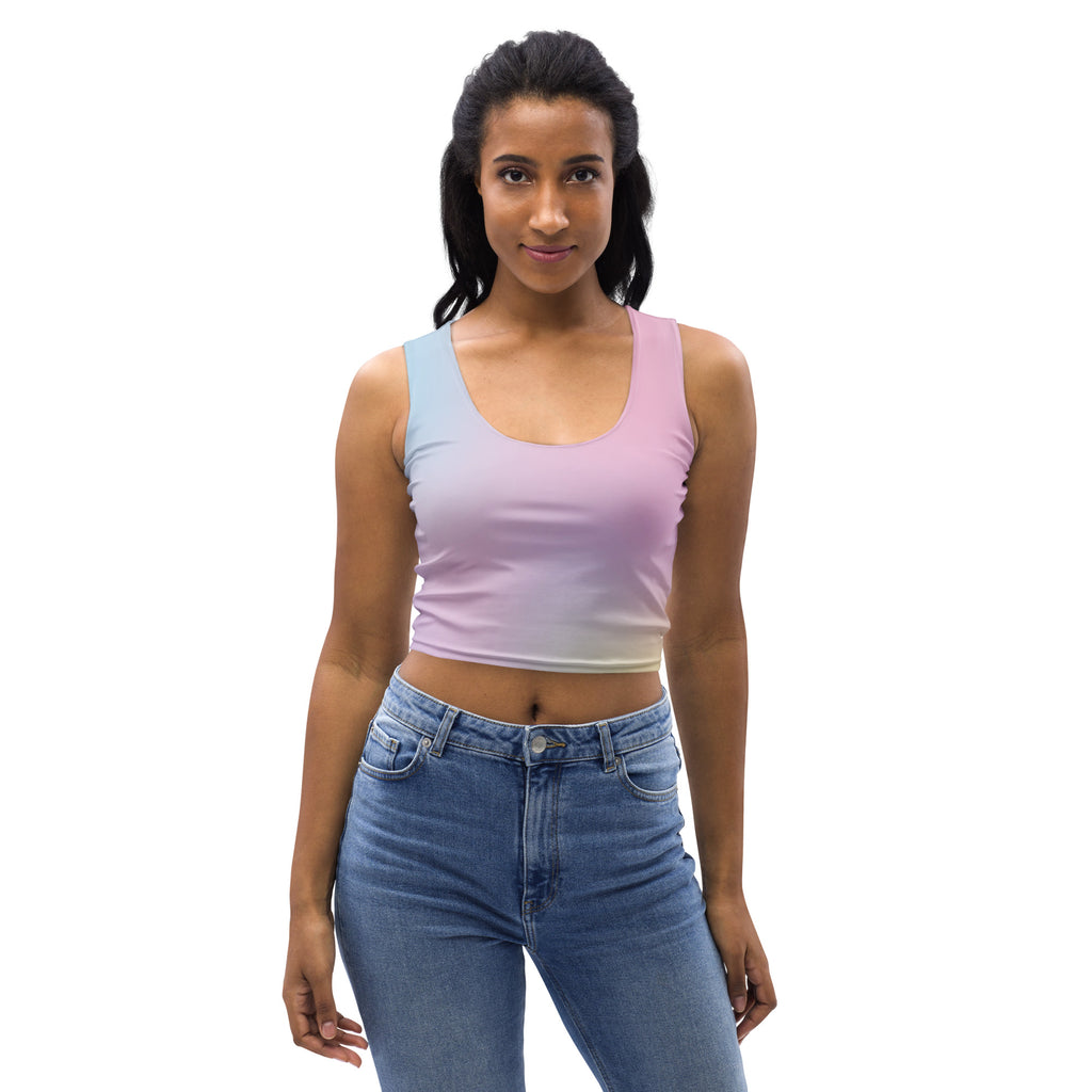 Women’s kawaii pastel ombre buttery soft crop top with scoop neckline and soft blue to pink gradient color