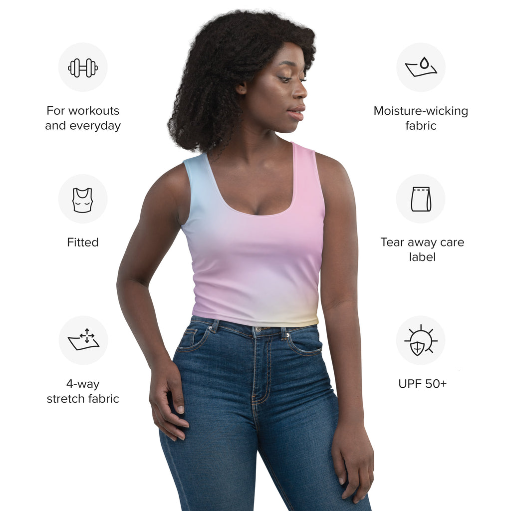 Women’s kawaii pastel ombre buttery soft crop top fitted tank with gradient light blue pink and white hem