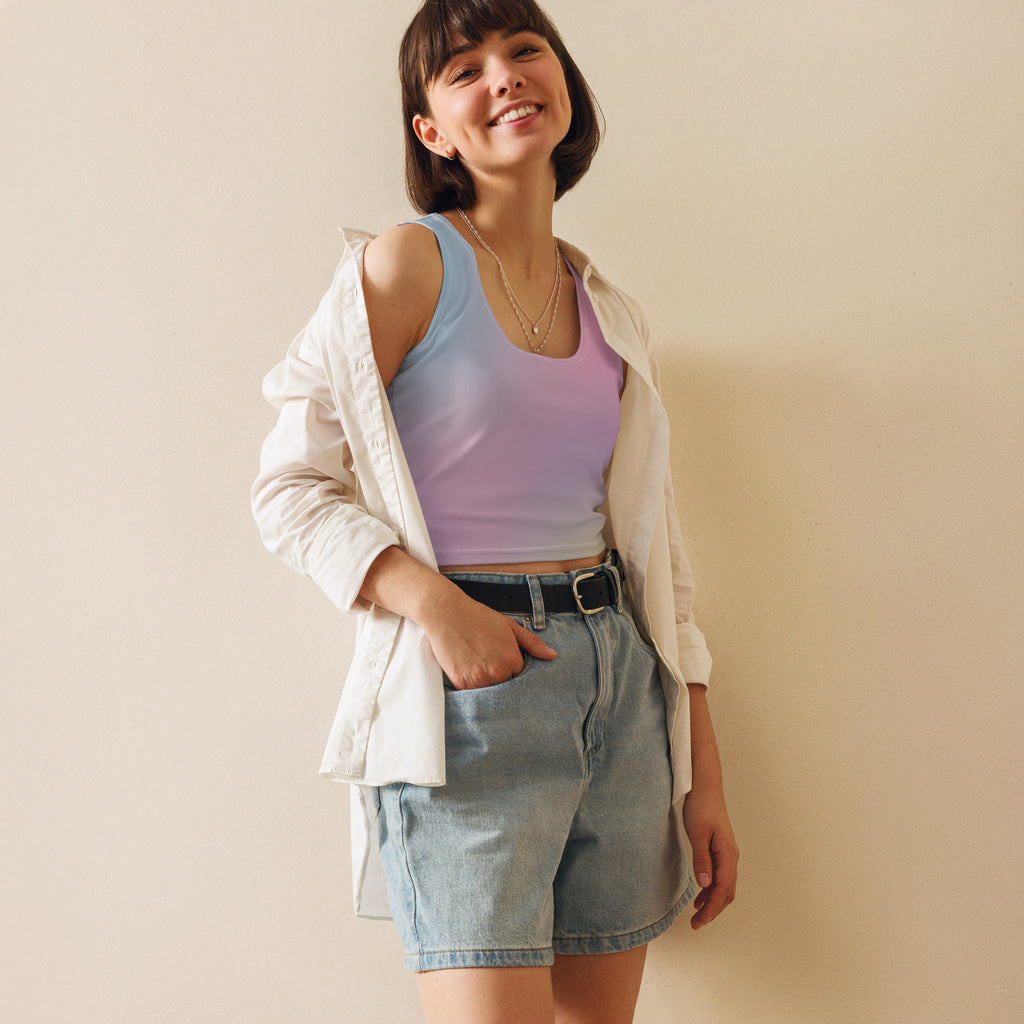 Women’s kawaii pastel ombre buttery soft crop top in light blue and lavender gradient with smooth stretchy fabric finish