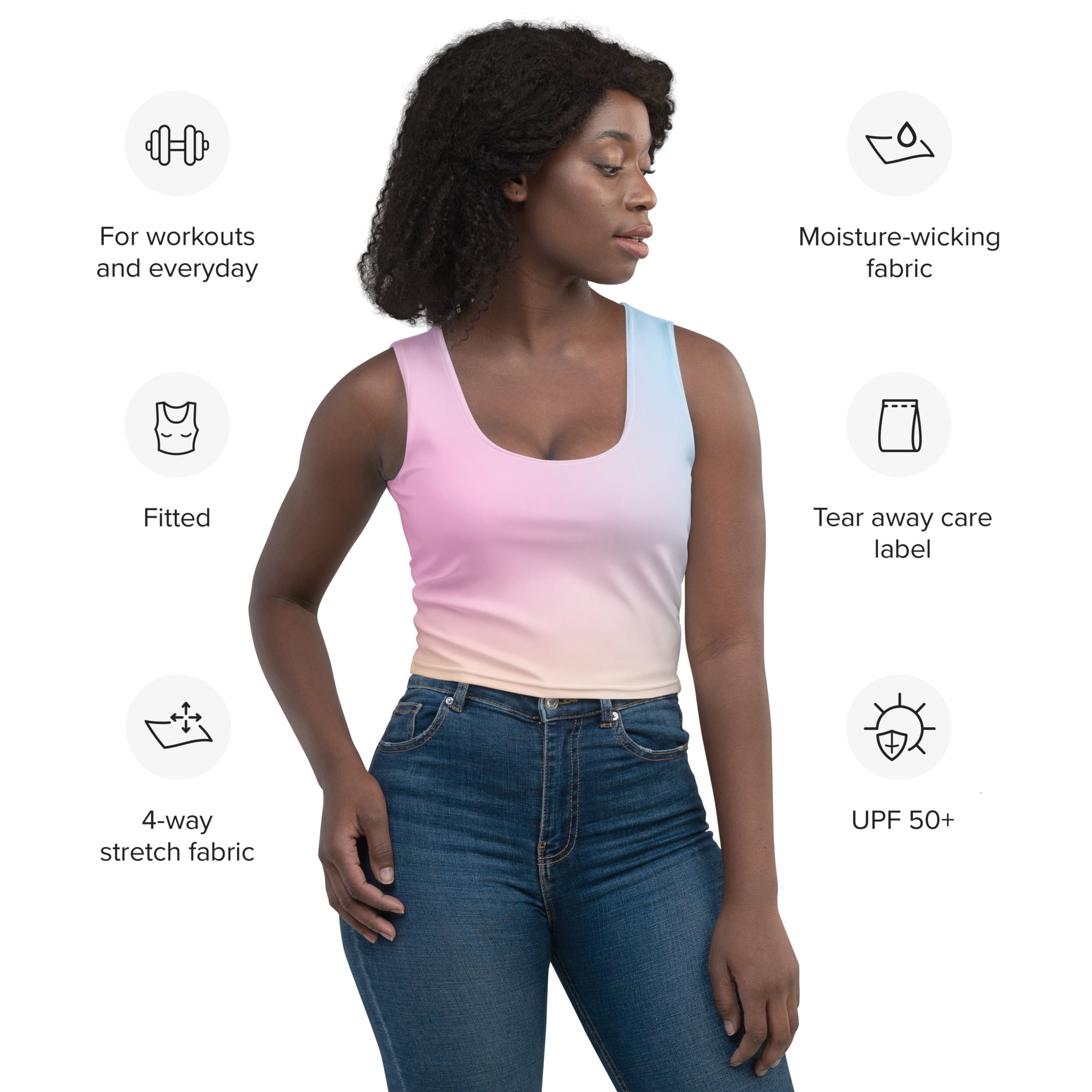 Women’s kawaii pastel gradient buttery soft crop top in pink to light blue fitted moisture-wicking stretch fabric