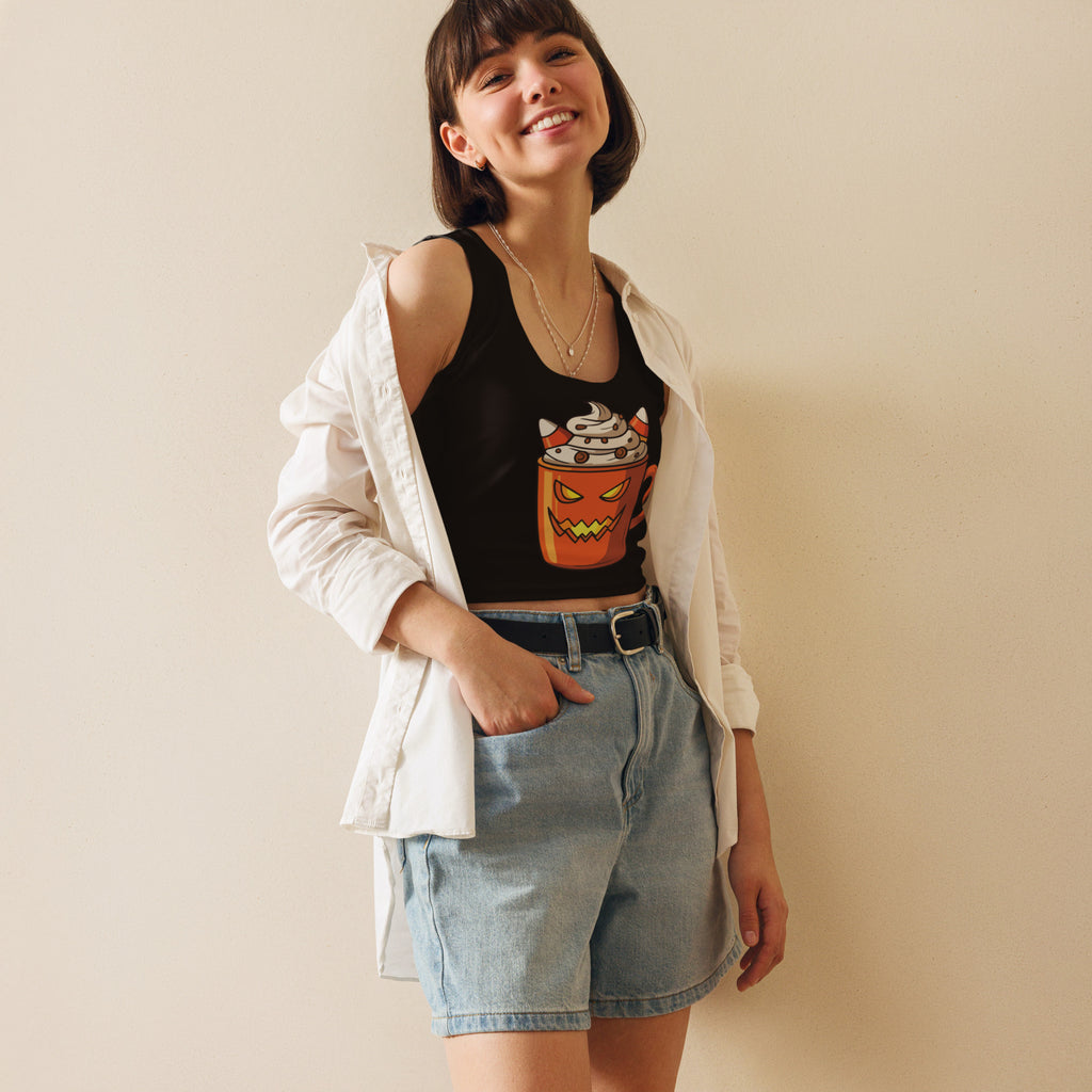Women’s black buttery soft crop top with cartoon pumpkin mug graphic featuring whipped cream and horns for halloween