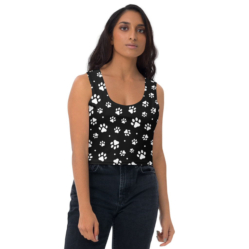 Women's Black Paw Print Buttery Soft Crop Top- Quick-Drying UPF 50+ Stretch Top