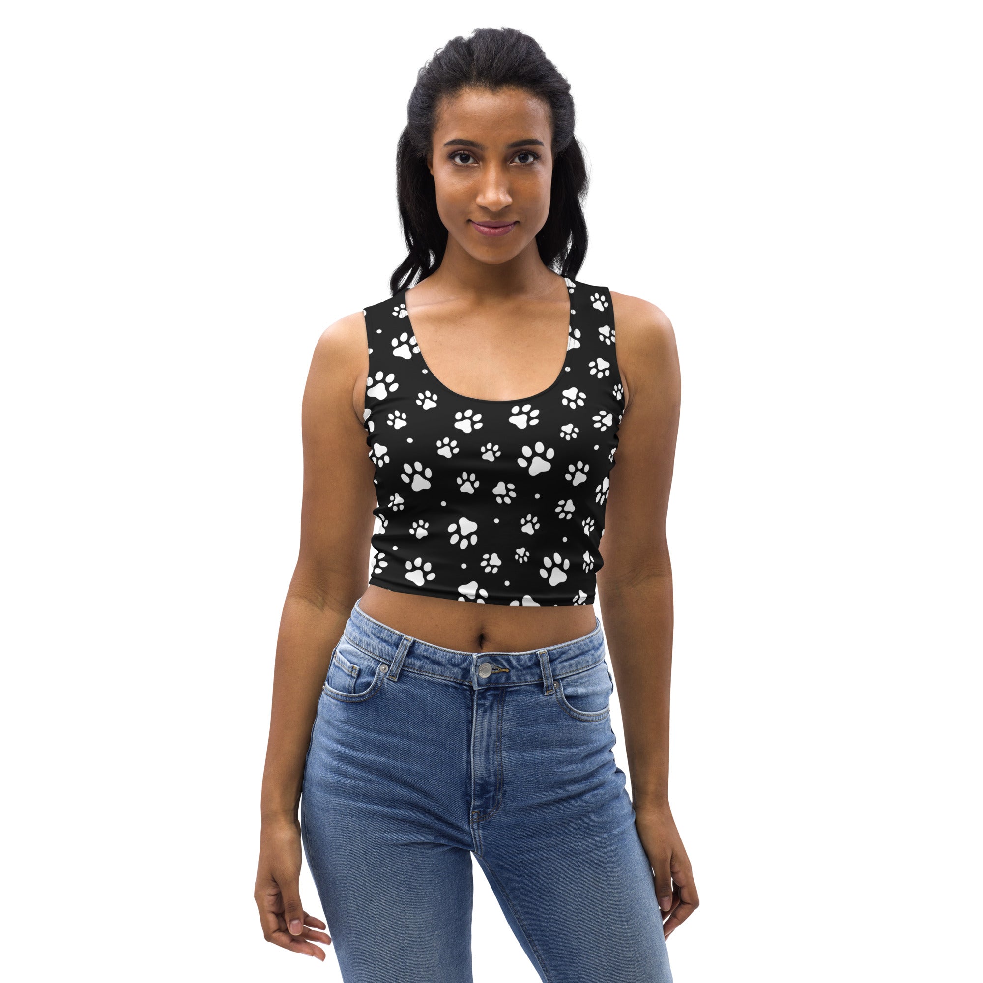 Women's Black Paw Print Buttery Soft Crop Top- Quick-Drying UPF 50+ Stretch Top