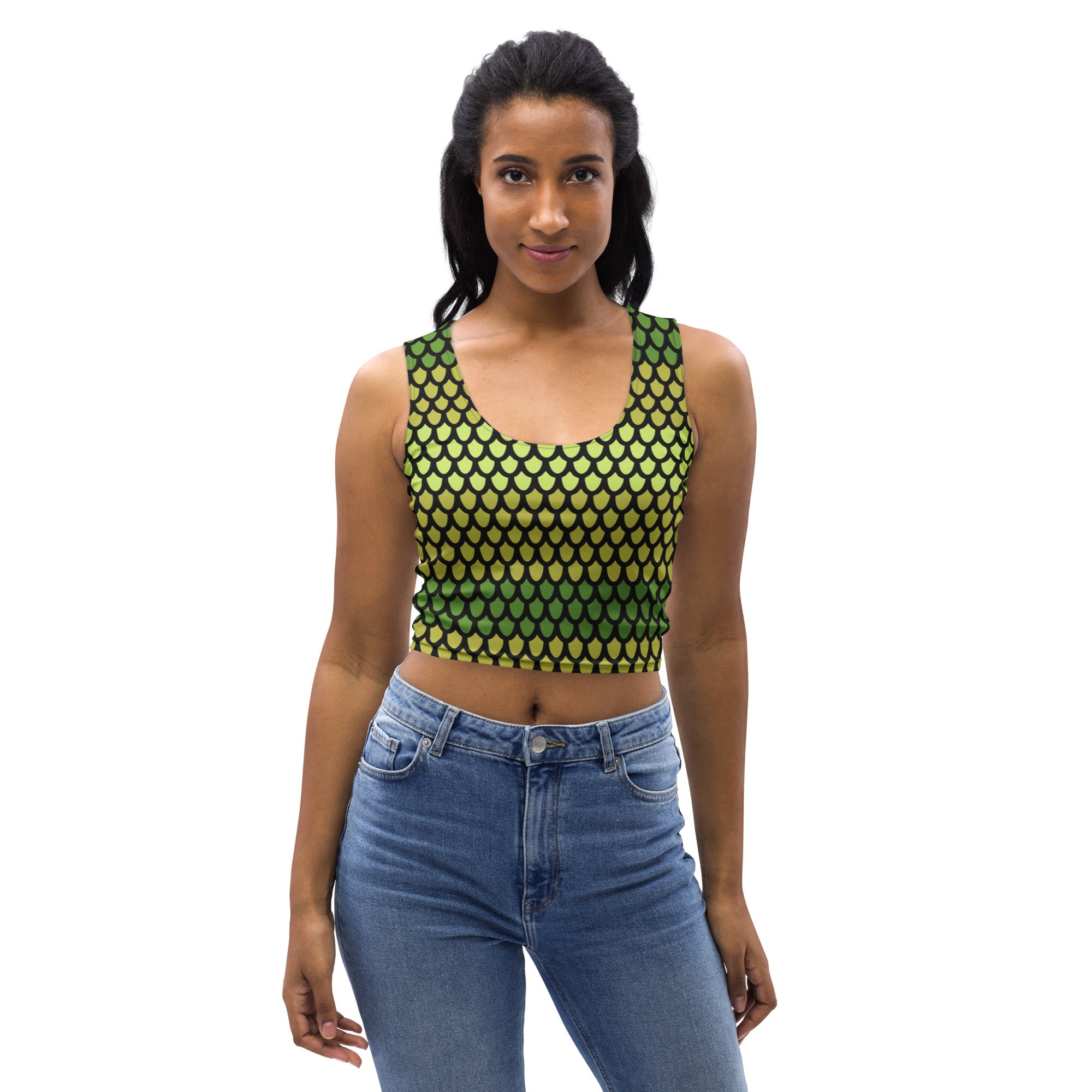 Women's Green Snake Scales Buttery Soft Crop Top- Quick-Drying UPF 50+ Stretch Top