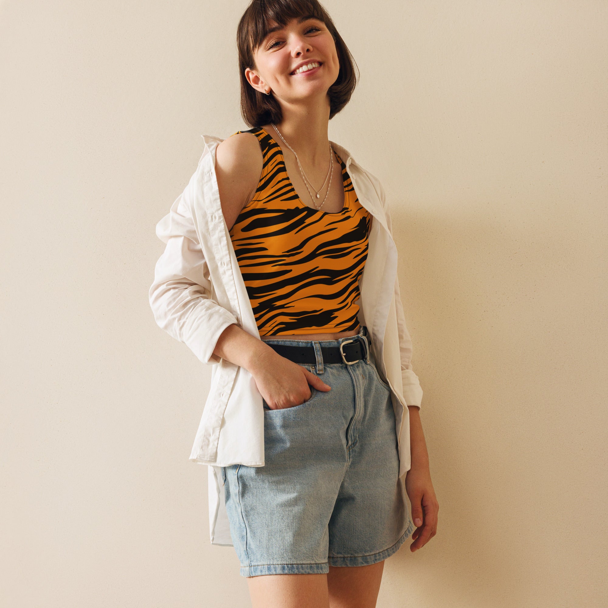 Women's Tiger Print Buttery Soft Crop Top- Quick-Drying UPF 50+ Stretch Top