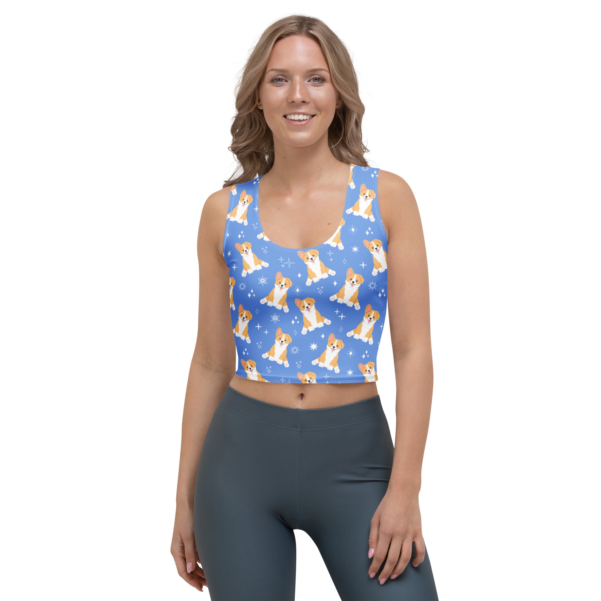 Women's Blue Corgi Dog Buttery Soft Crop Top- Quick-Drying UPF 50+ Stretch Top