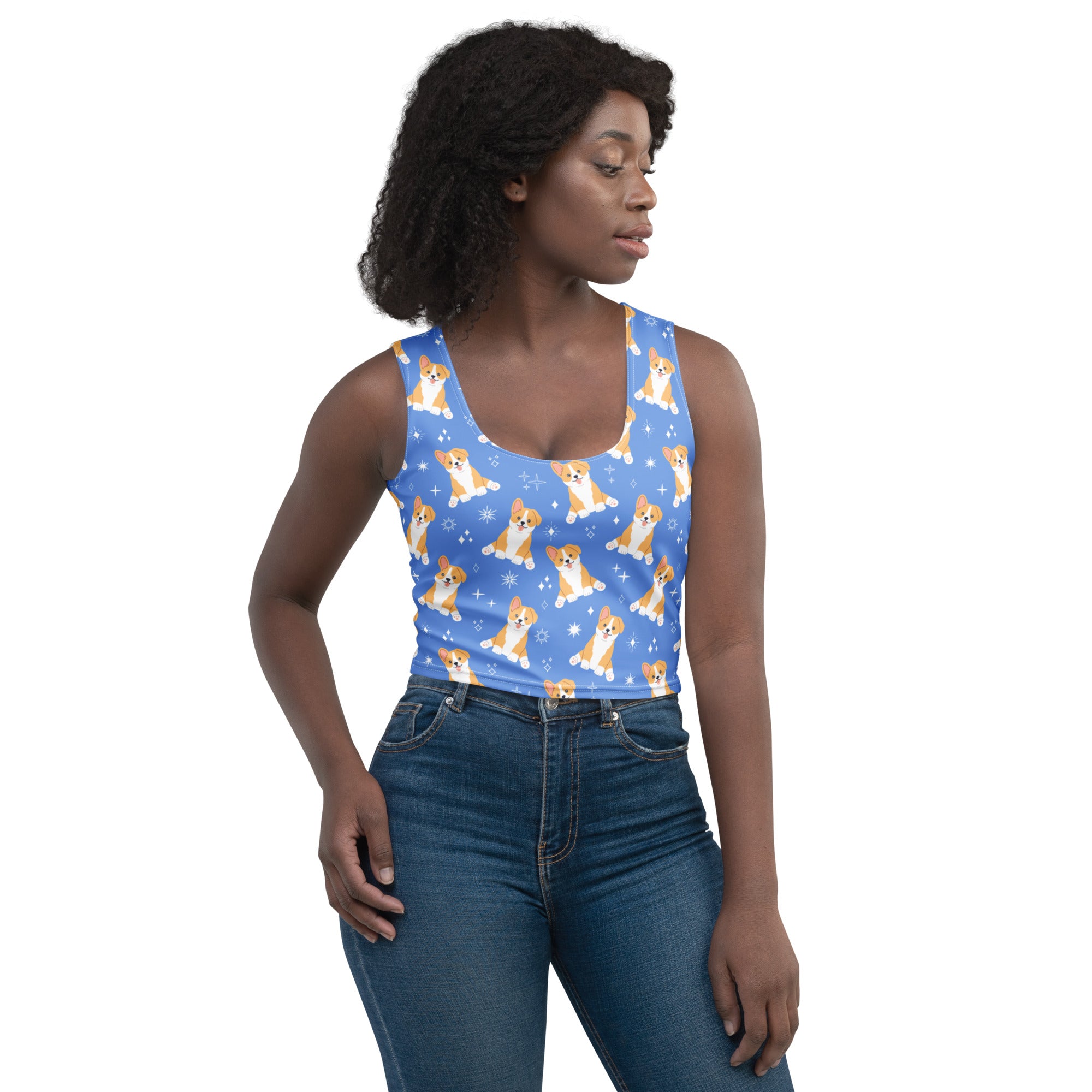 Women's Blue Corgi Dog Buttery Soft Crop Top- Quick-Drying UPF 50+ Stretch Top