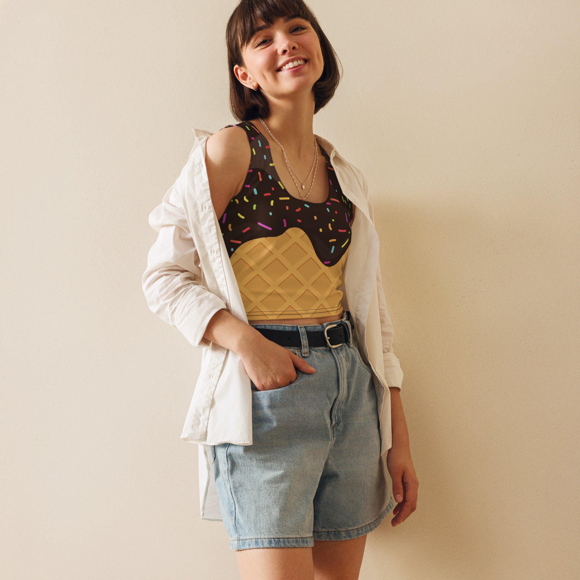 Women's Chocolate Ice Cream Cone Buttery Soft Crop Top- Quick-Drying UPF 50+ Stretch Top