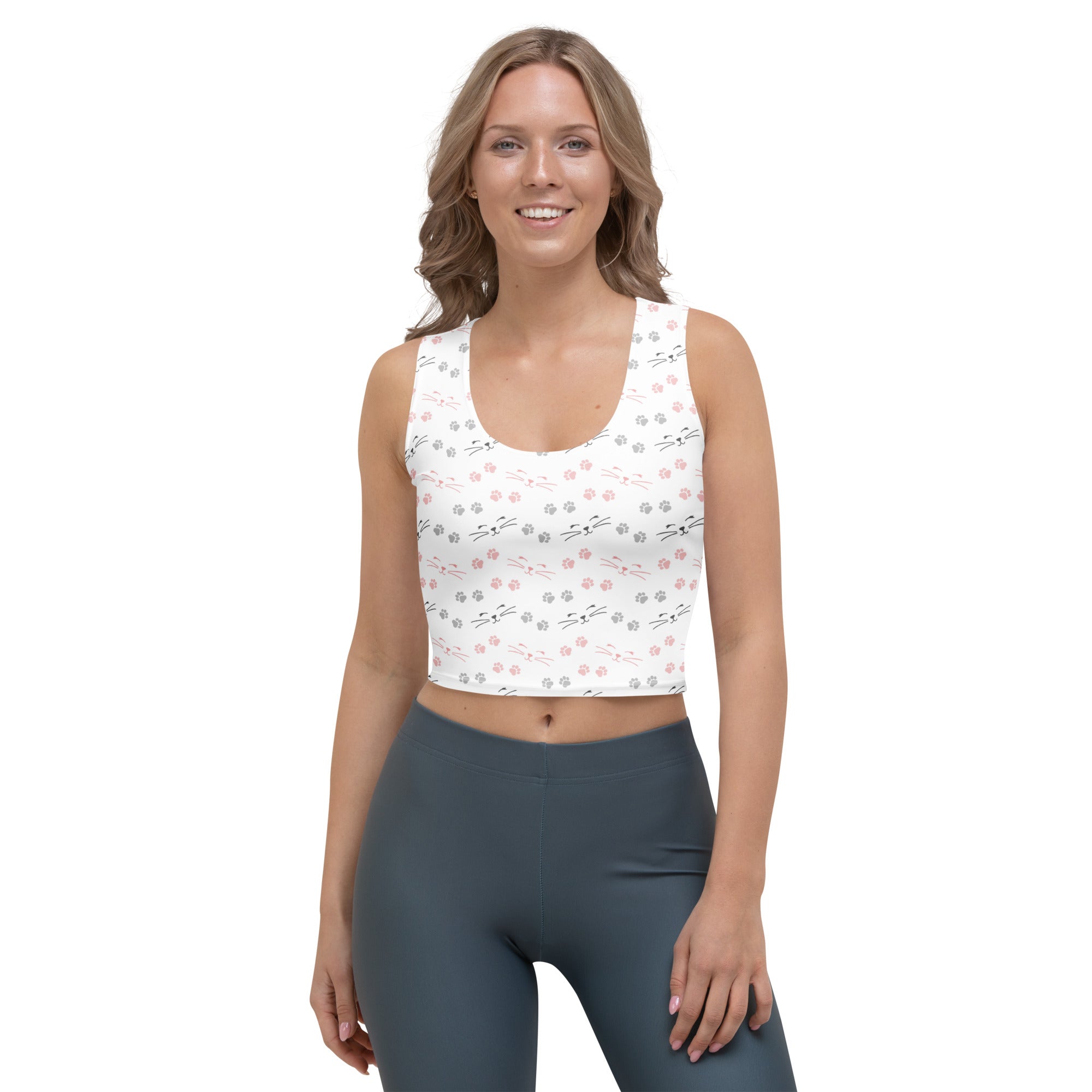 Women's Cat Paw Prints & Whiskers Buttery Soft Crop Top- Quick-Drying UPF 50+ Stretch Top