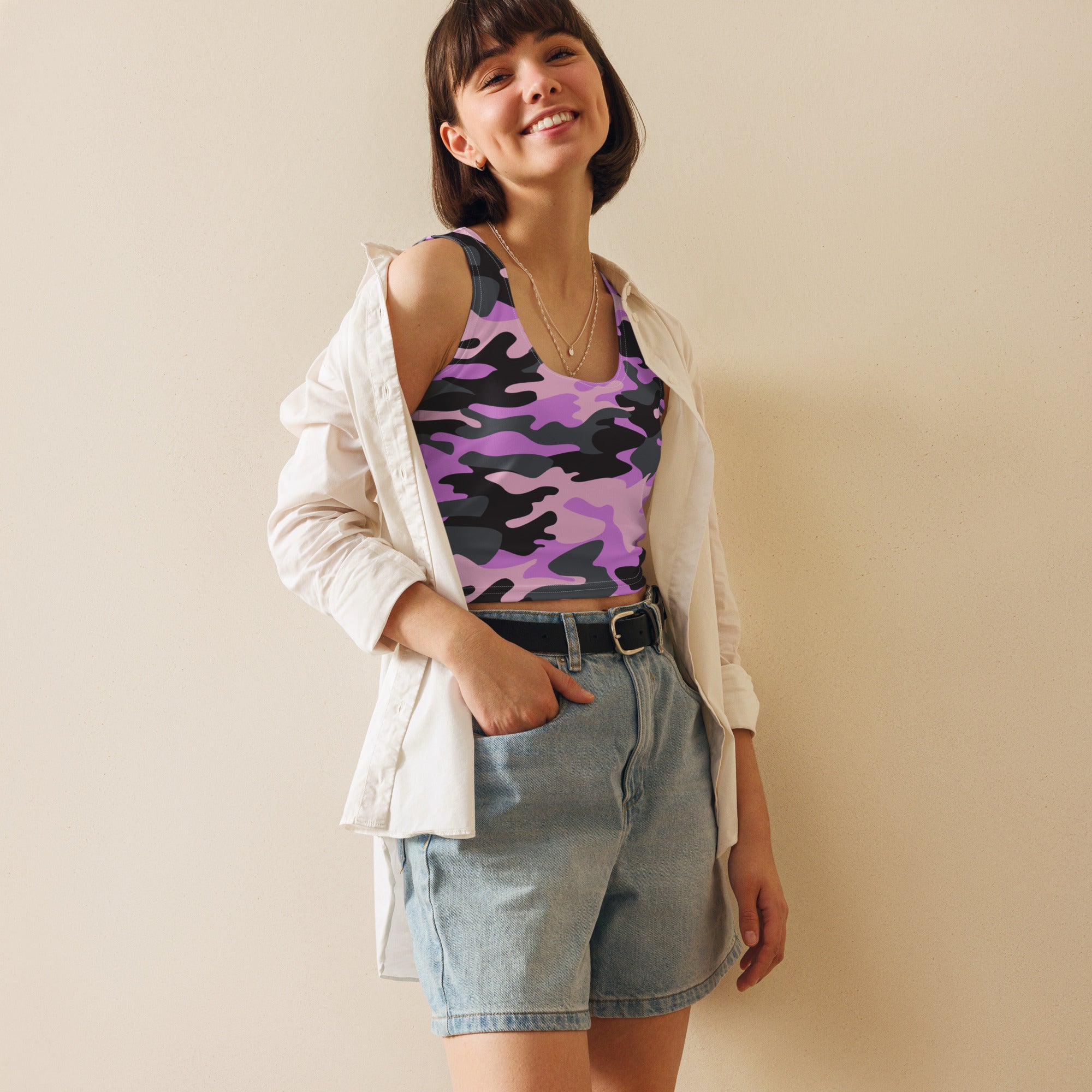 Women's Purple Camouflage Buttery Soft Crop Top- Quick-Drying UPF 50+ Stretch Top