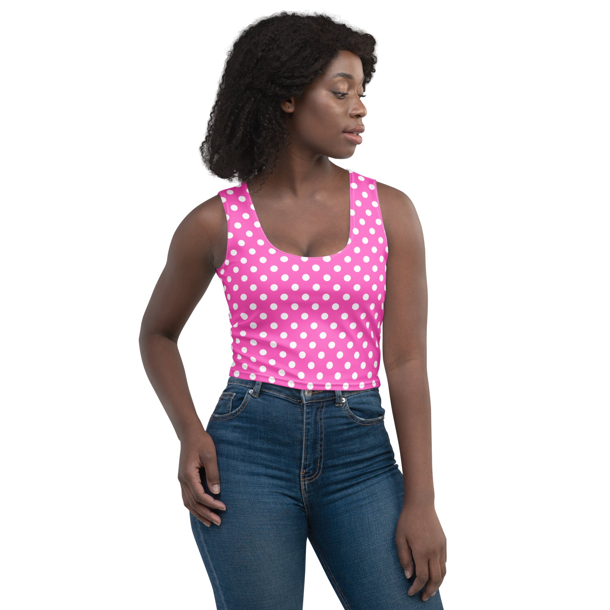 Women's Pink Polka Dot Buttery Soft Crop Top- Quick-Drying UPF 50+ Stretch Top