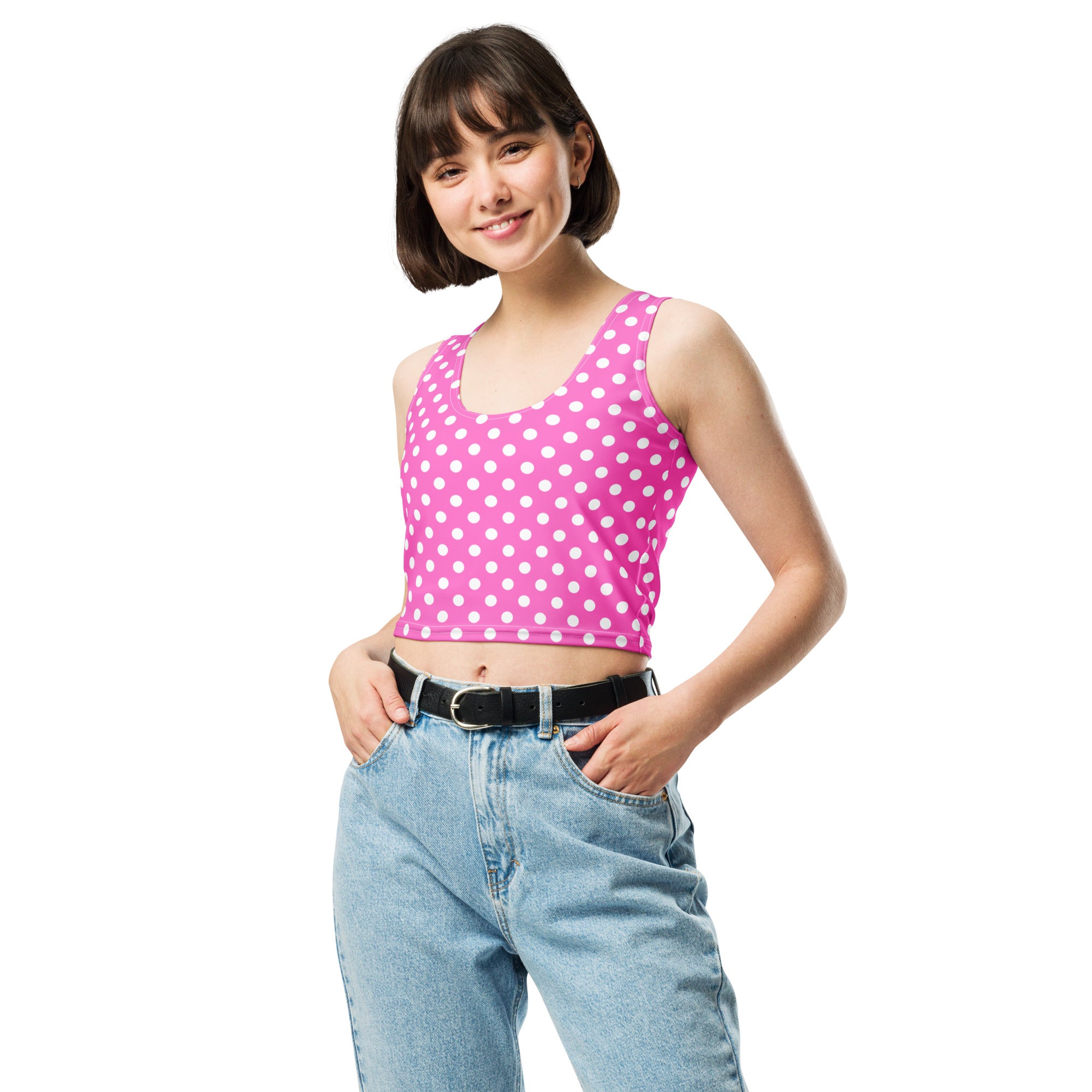 Women's Pink Polka Dot Buttery Soft Crop Top- Quick-Drying UPF 50+ Stretch Top