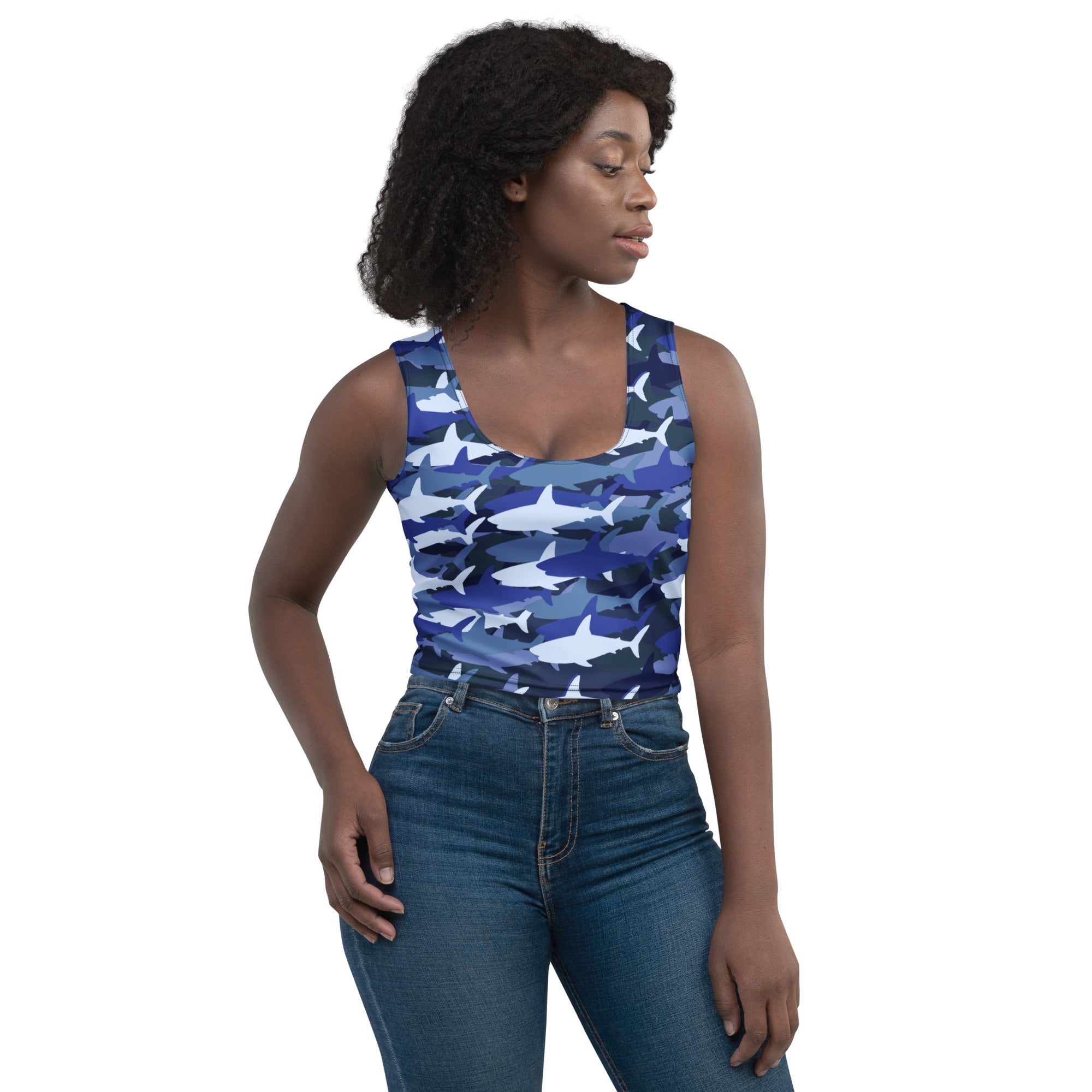 Women's Blue Shark Camouflage Buttery Soft Crop Top- Quick-Drying UPF 50+ Stretch Top