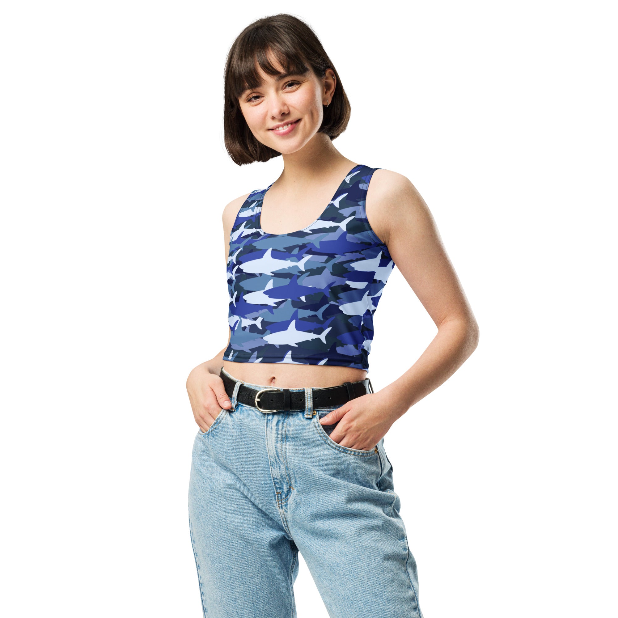 Women's Blue Shark Camouflage Buttery Soft Crop Top- Quick-Drying UPF 50+ Stretch Top